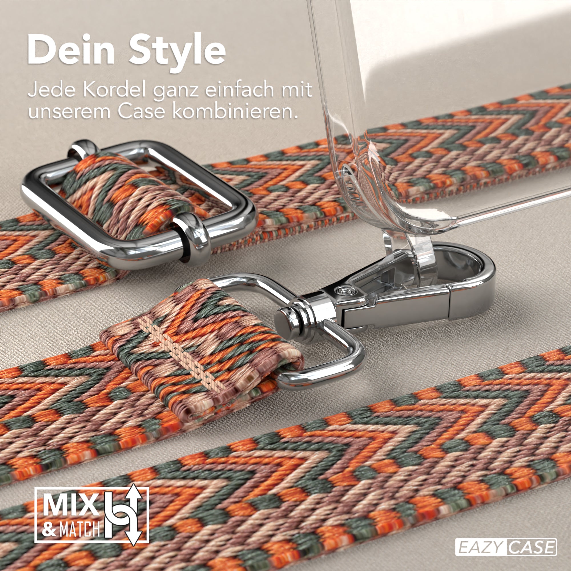 iPhone 15 Pro Max Handykette mit verstellbarem Boho Band Set #farbe-band_orange-grun_metallfarbe-silber