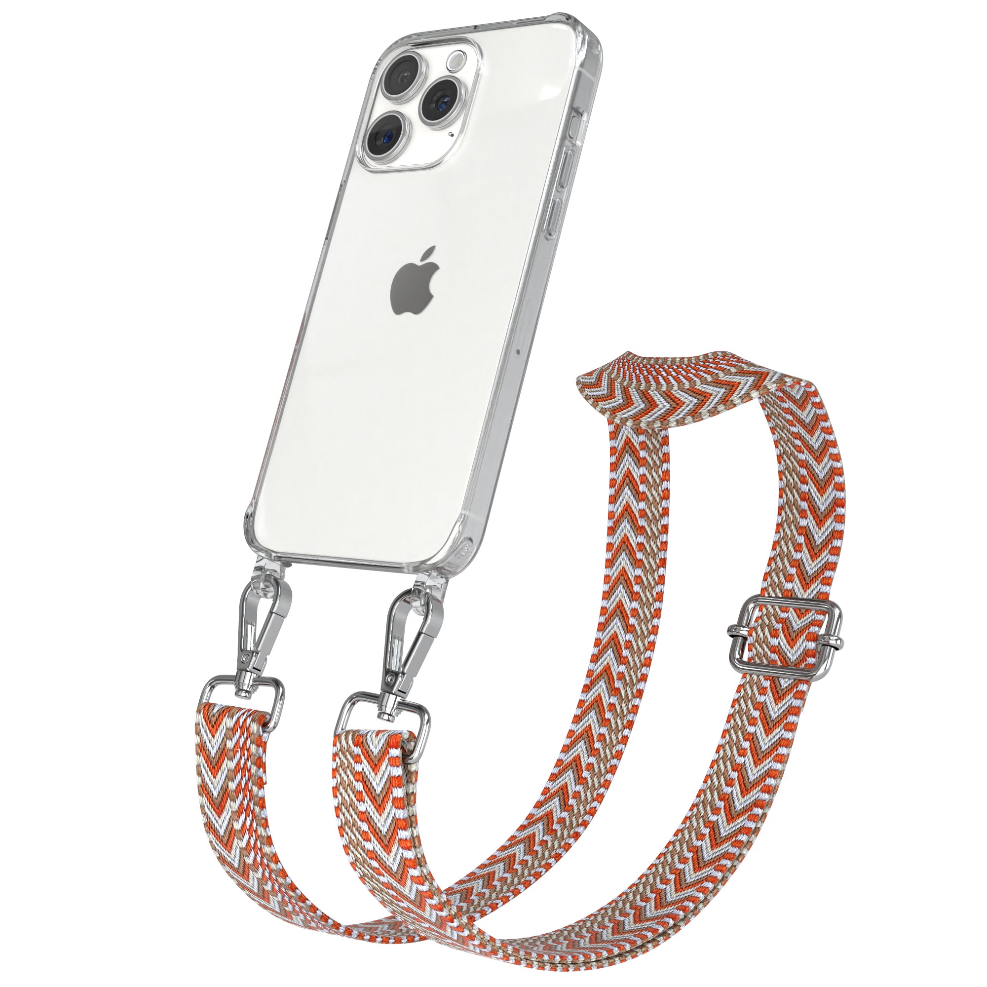 iPhone 15 Pro Max Handykette mit verstellbarem Boho Band Set #farbe-band_hellblau-rot_metallfarbe-silber
