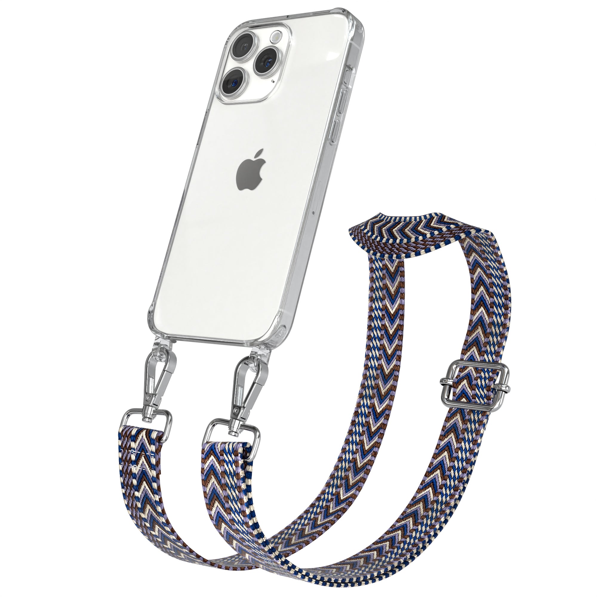 iPhone 15 Pro Max Handykette mit verstellbarem Boho Band Set #farbe-band_blau-weis_metallfarbe-silber