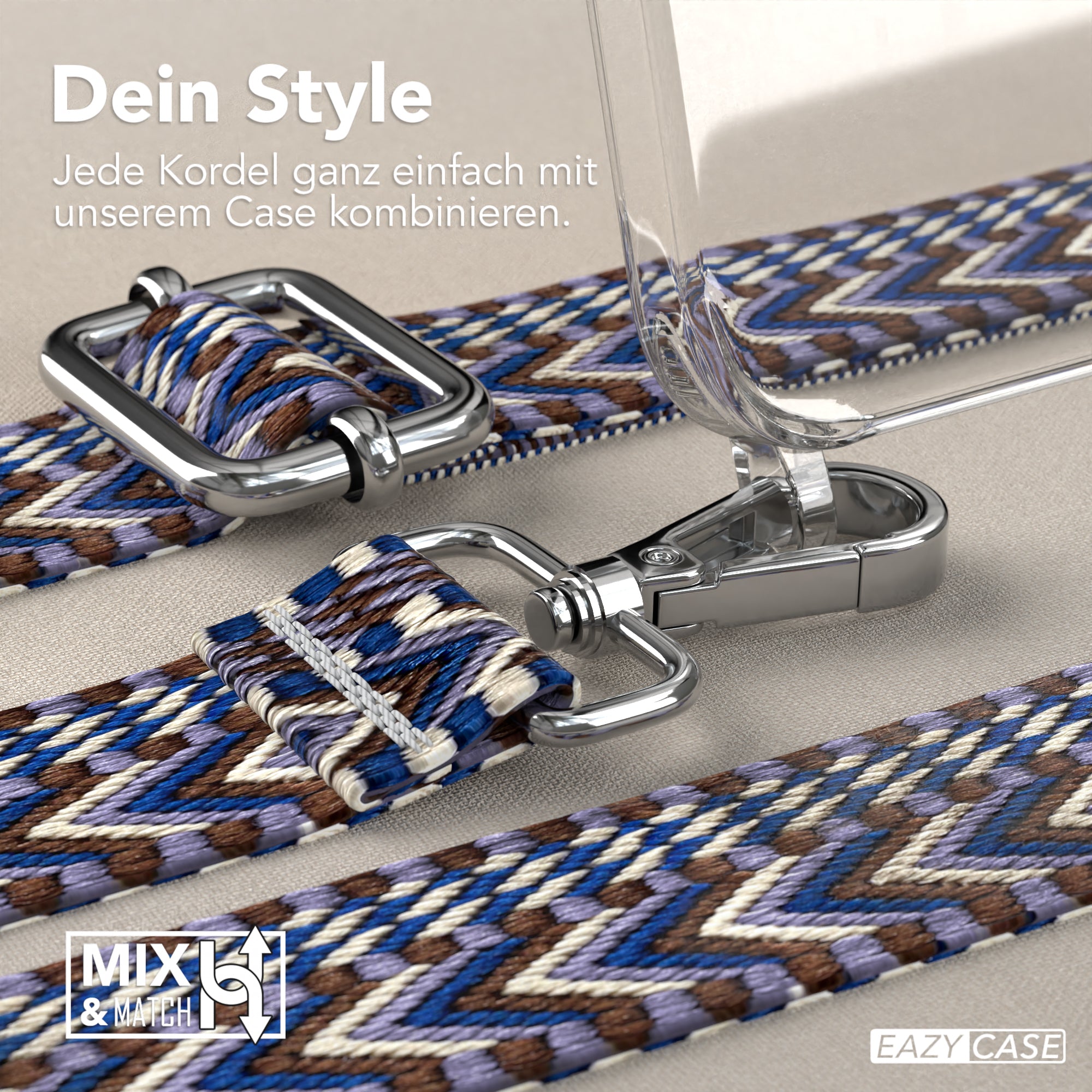 iPhone 15 Pro Max Handykette mit verstellbarem Boho Band Set #farbe-band_blau-weis_metallfarbe-silber