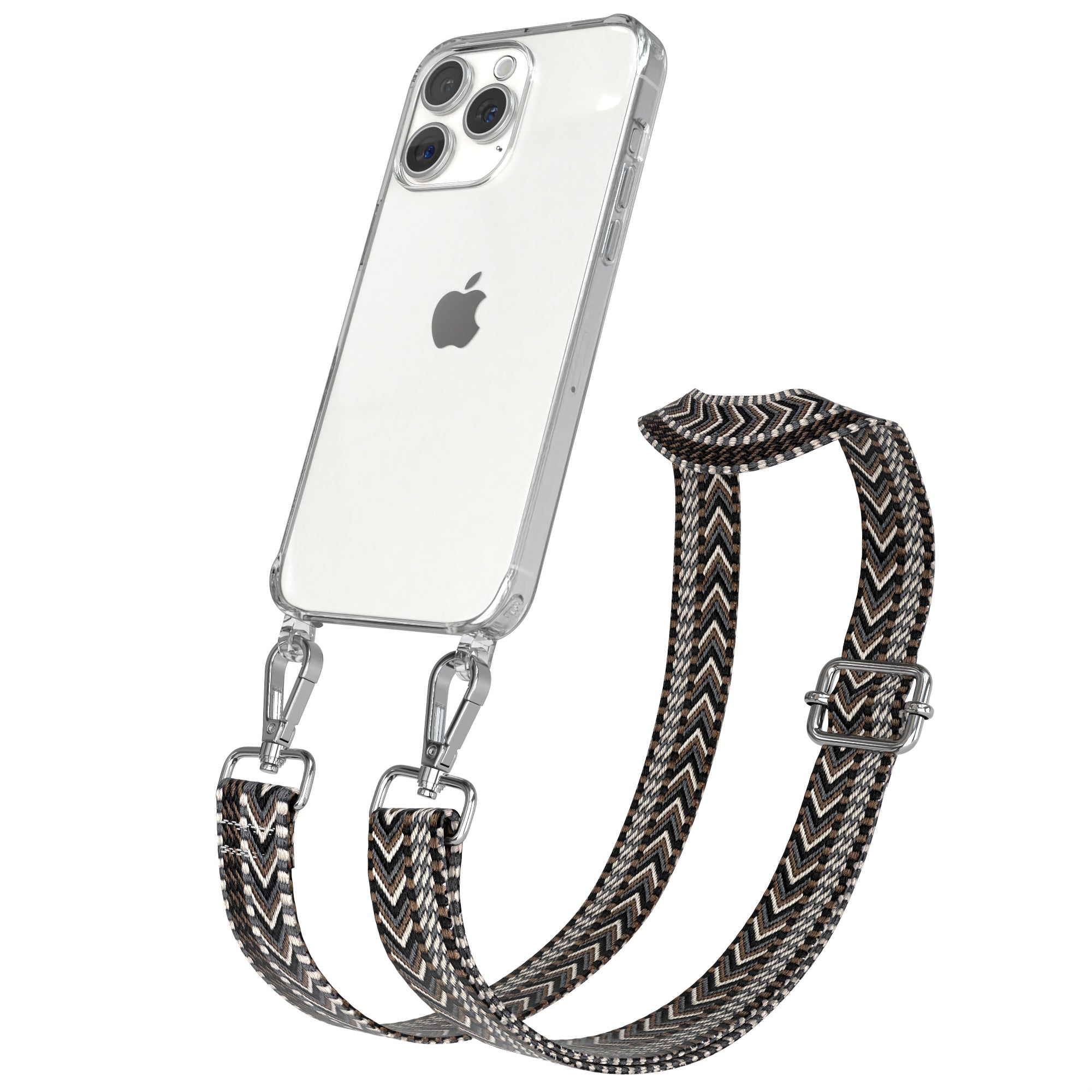 iPhone 15 Pro Max Handykette mit verstellbarem Boho Band Set #farbe-band_grau-schwarz_metallfarbe-silber