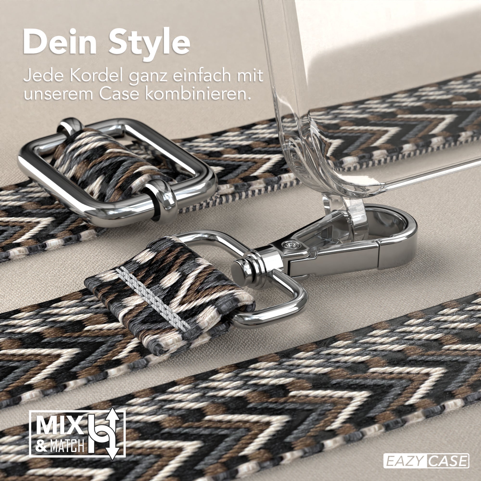 iPhone 15 Pro Max Handykette mit verstellbarem Boho Band Set #farbe-band_grau-schwarz_metallfarbe-silber
