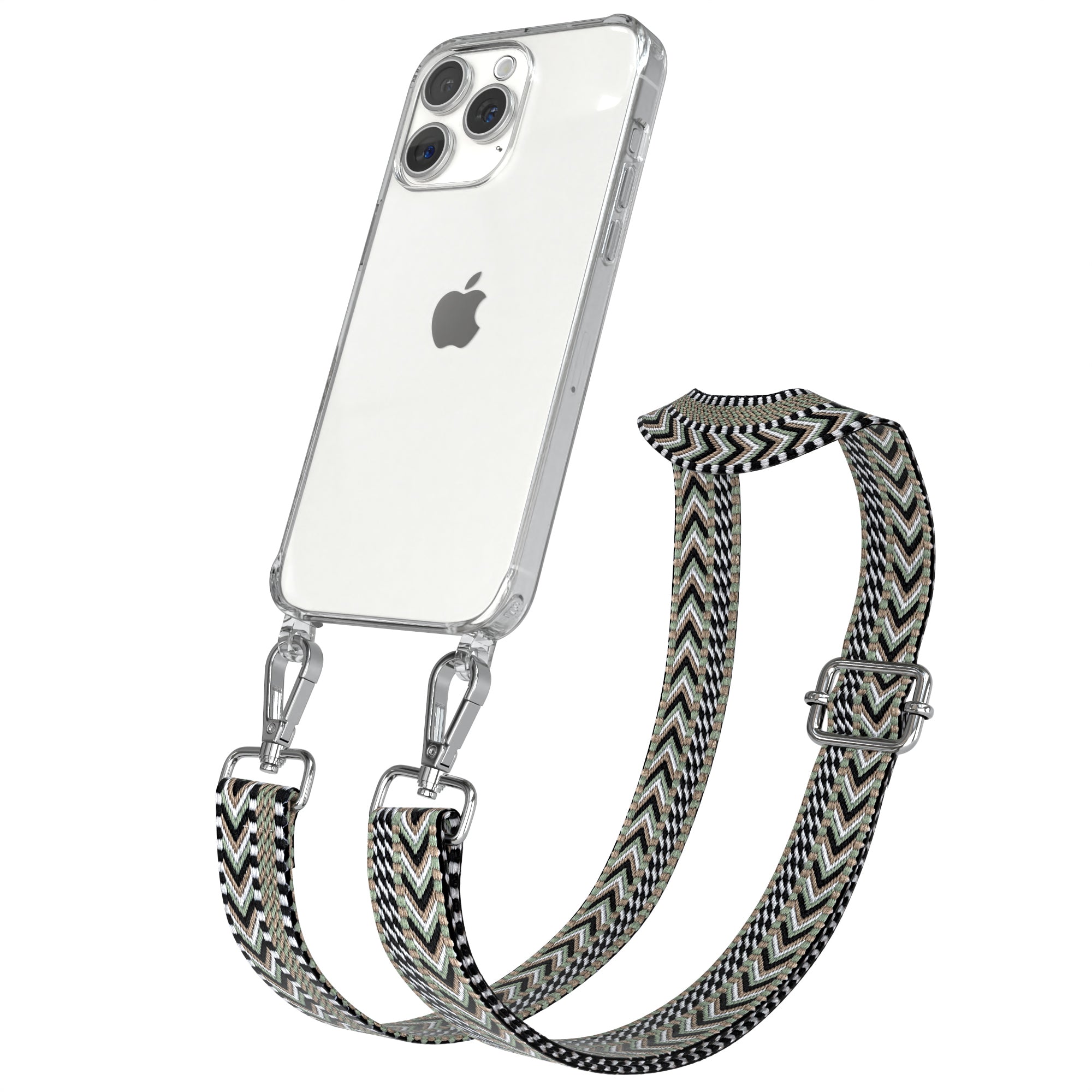 iPhone 15 Pro Max Handykette mit verstellbarem Boho Band Set #farbe-band_grun-schwarz_metallfarbe-silber