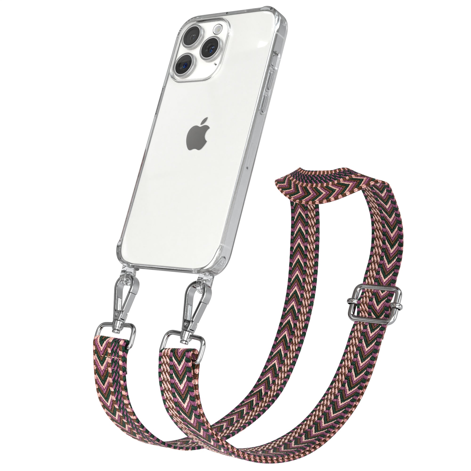 iPhone 15 Pro Max Handykette mit verstellbarem Boho Band Set #farbe-band_beere-rosa_metallfarbe-silber