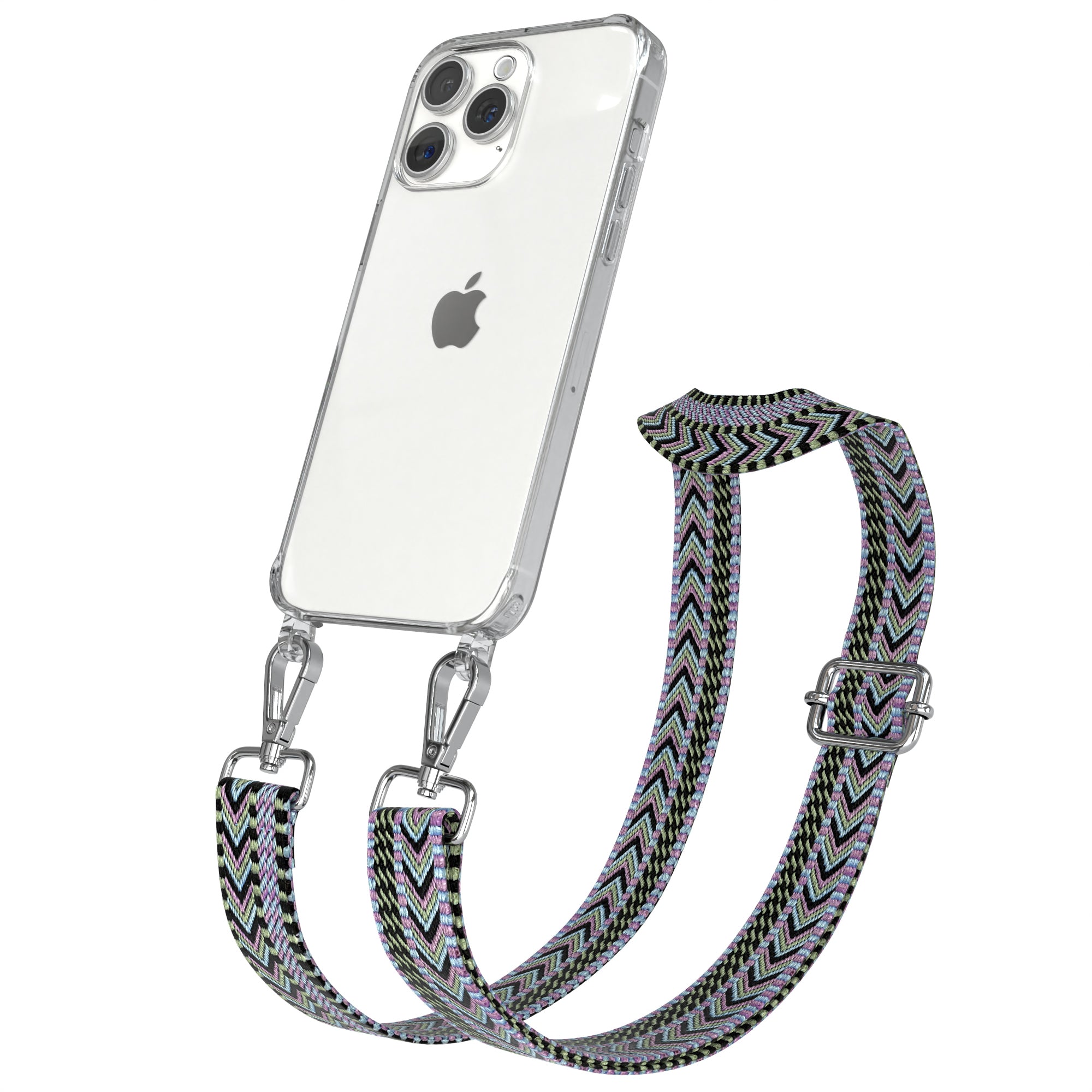 iPhone 15 Pro Max Handykette mit verstellbarem Boho Band Set #farbe-band_lila-grun_metallfarbe-silber