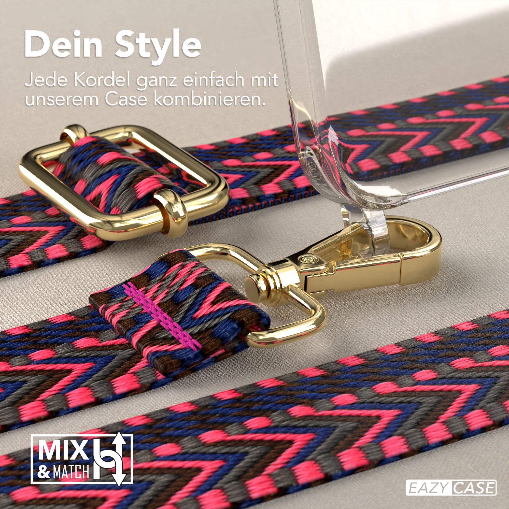 iPhone 15 Pro Max Handykette mit verstellbarem Boho Band Set #farbe-band_pink-blau_metallfarbe-gold