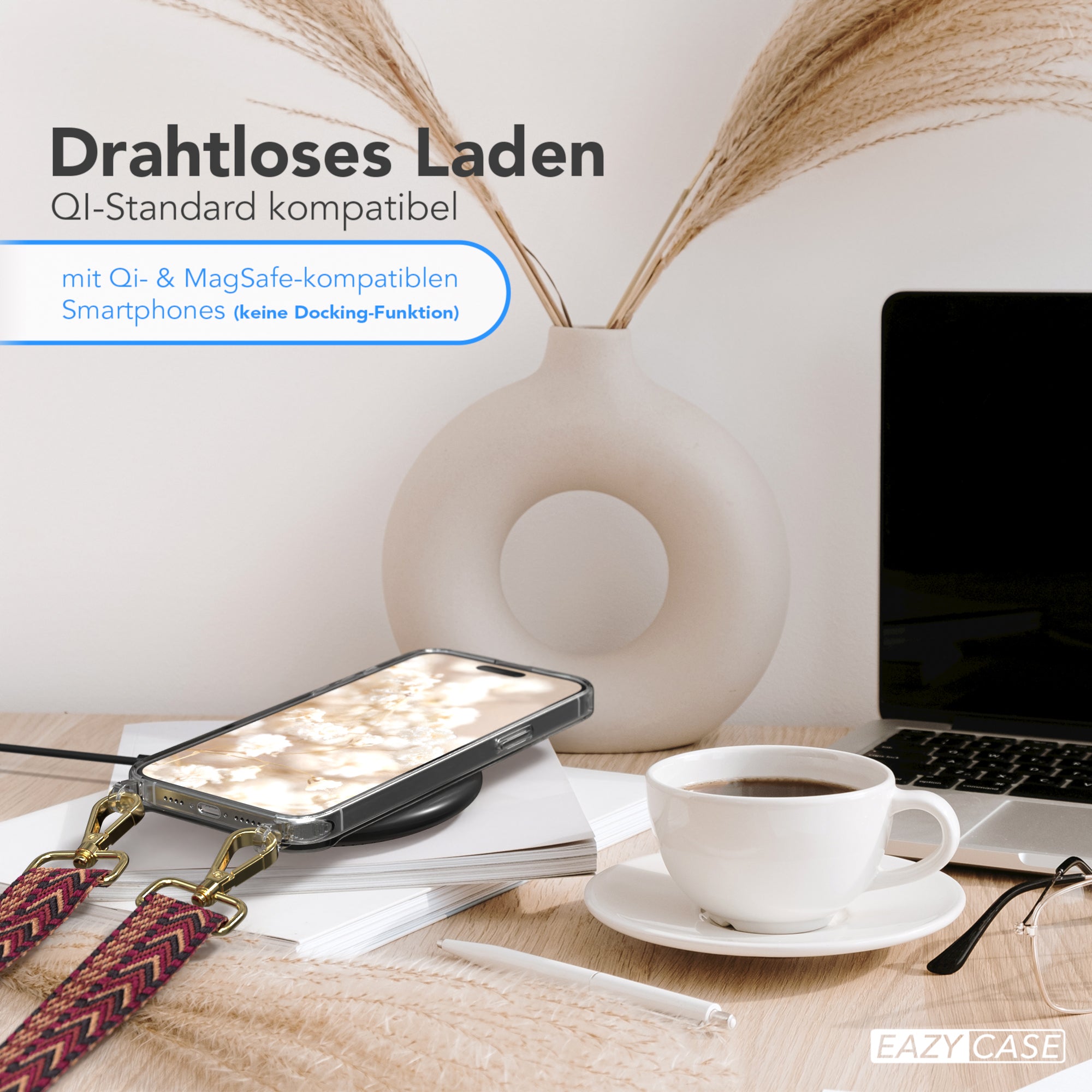 iPhone 15 Pro Max Handykette mit verstellbarem Boho Band Set #farbe-band_rot-braun_metallfarbe-gold