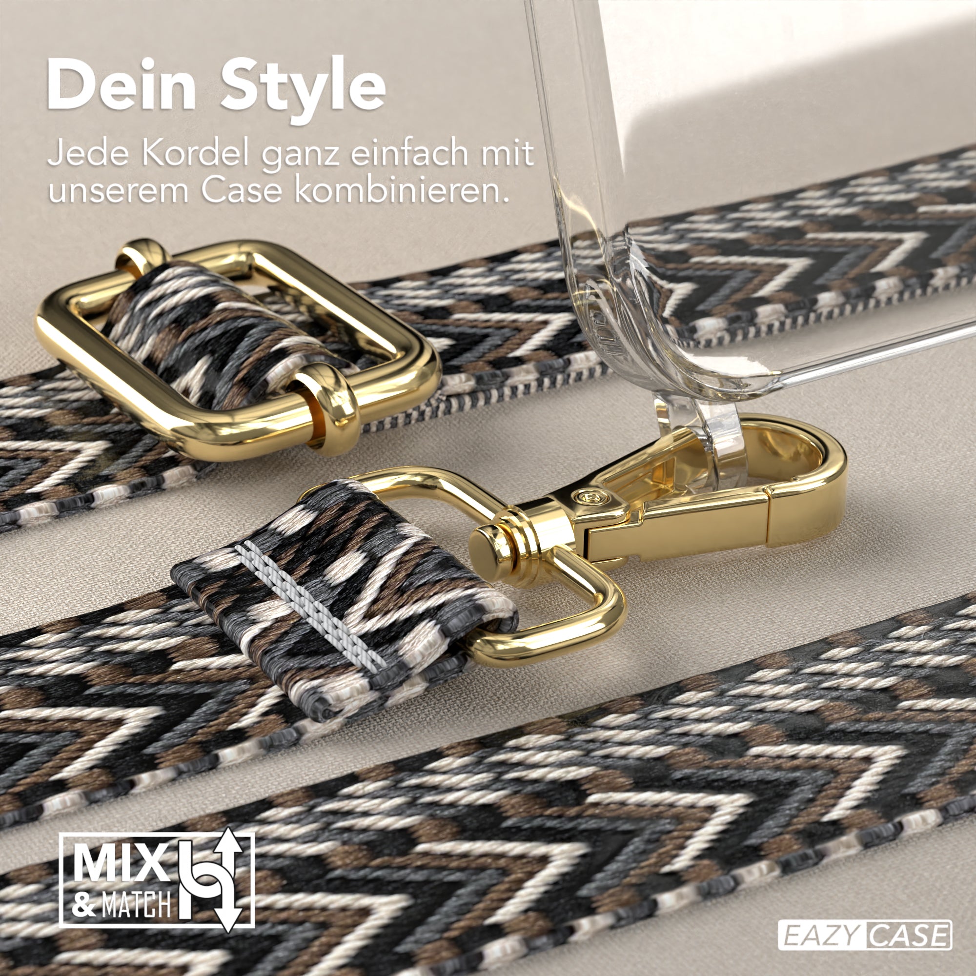iPhone 15 Pro Max Handykette mit verstellbarem Boho Band Set #farbe-band_grau-schwarz_metallfarbe-gold