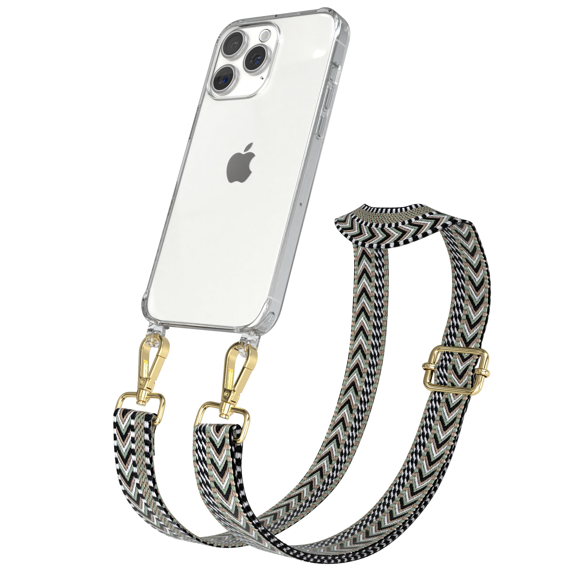 iPhone 15 Pro Max Handykette mit verstellbarem Boho Band Set #farbe-band_grun-schwarz_metallfarbe-gold