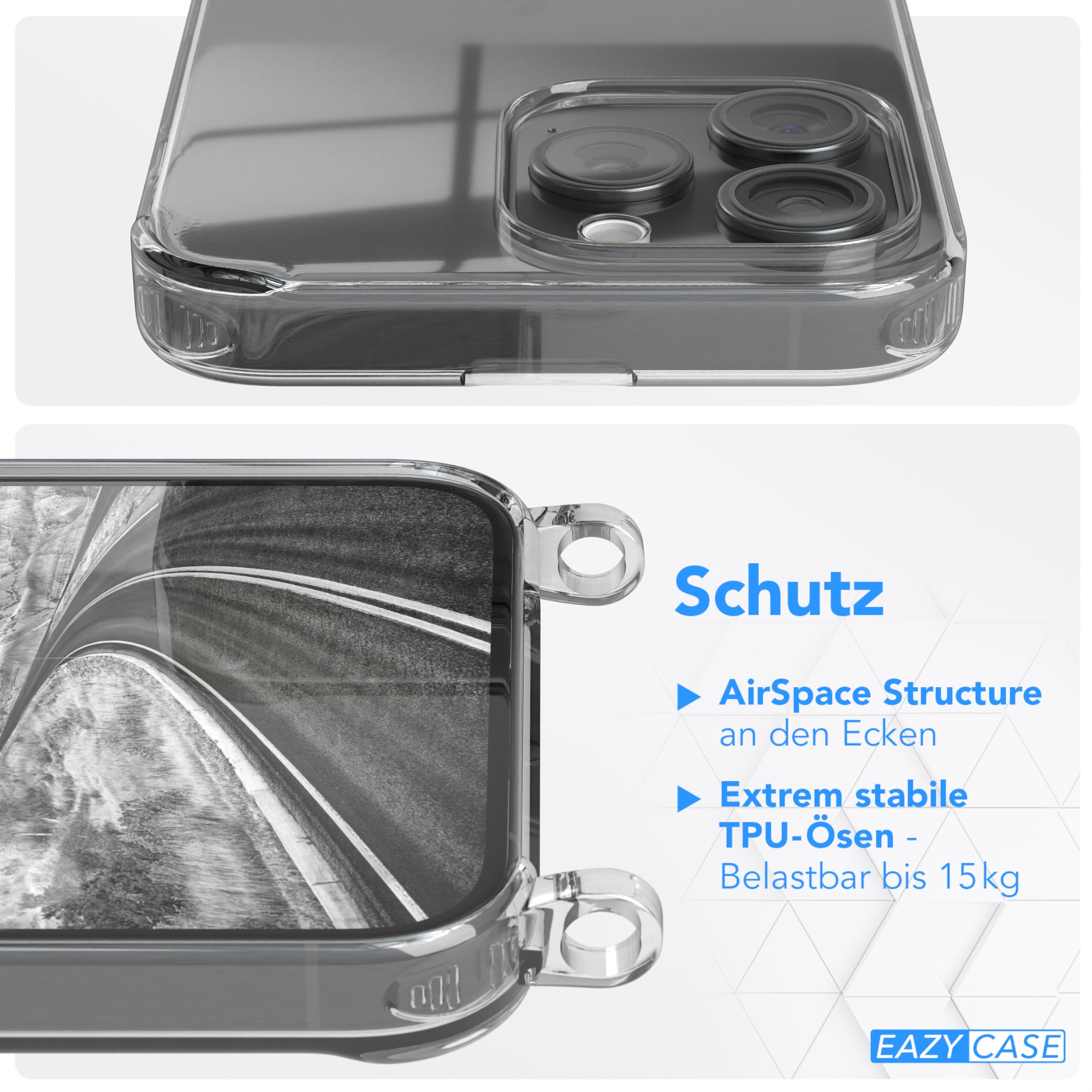 iPhone 15 Pro Max Hülle + Kordel mit Karabinern
