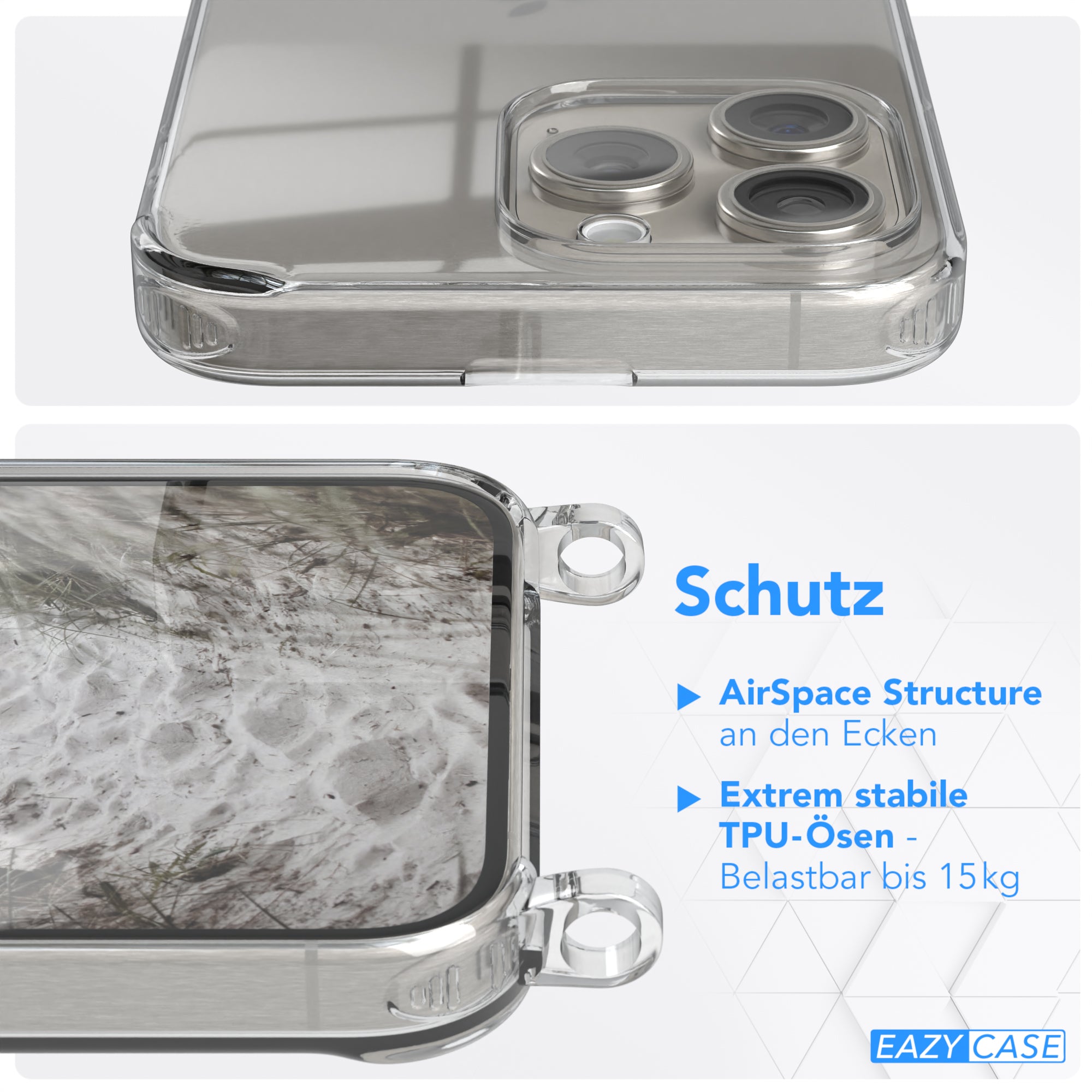 iPhone 15 Pro Max Hülle + Kordel mit Karabinern