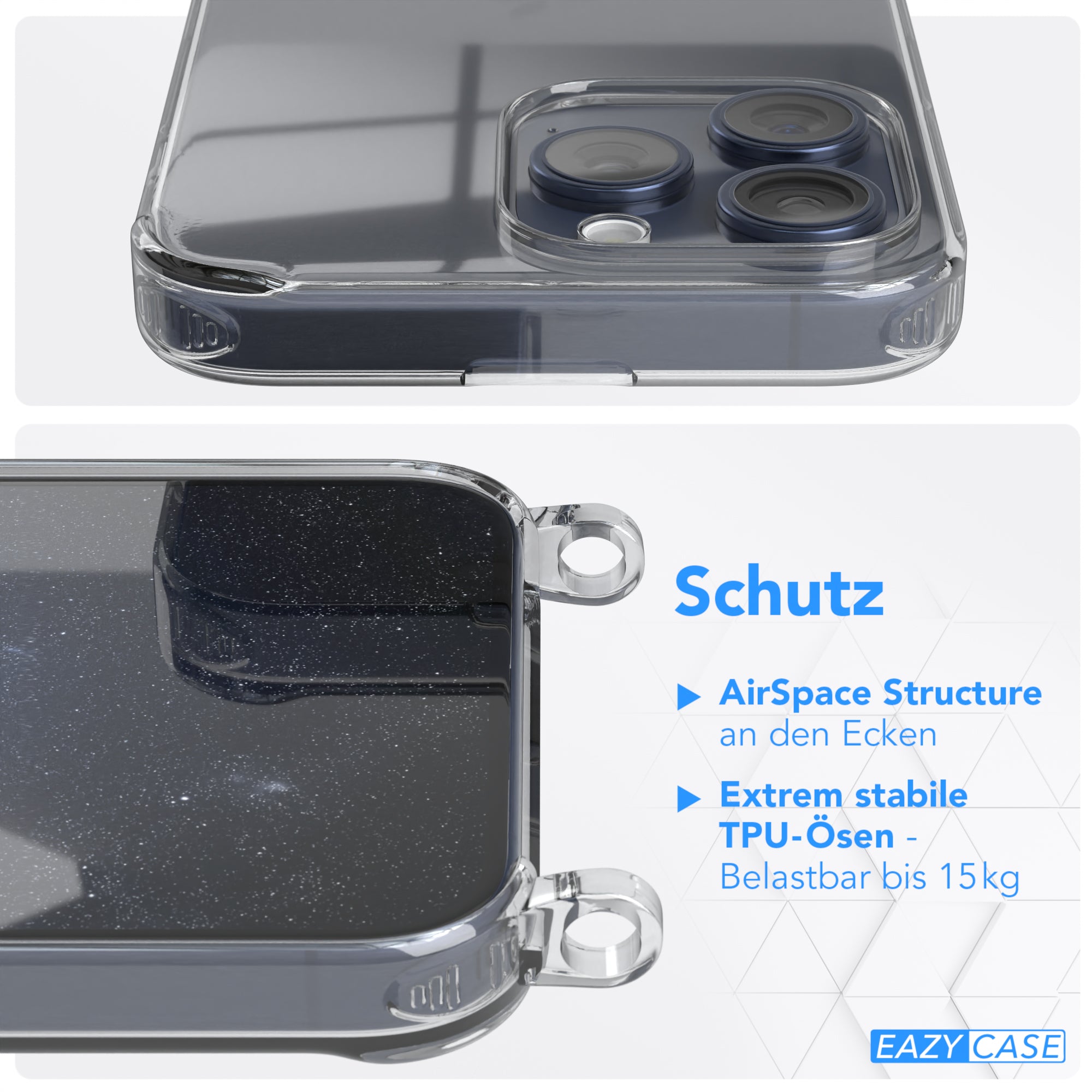 iPhone 15 Pro Max Hülle + Kordel mit Karabinern