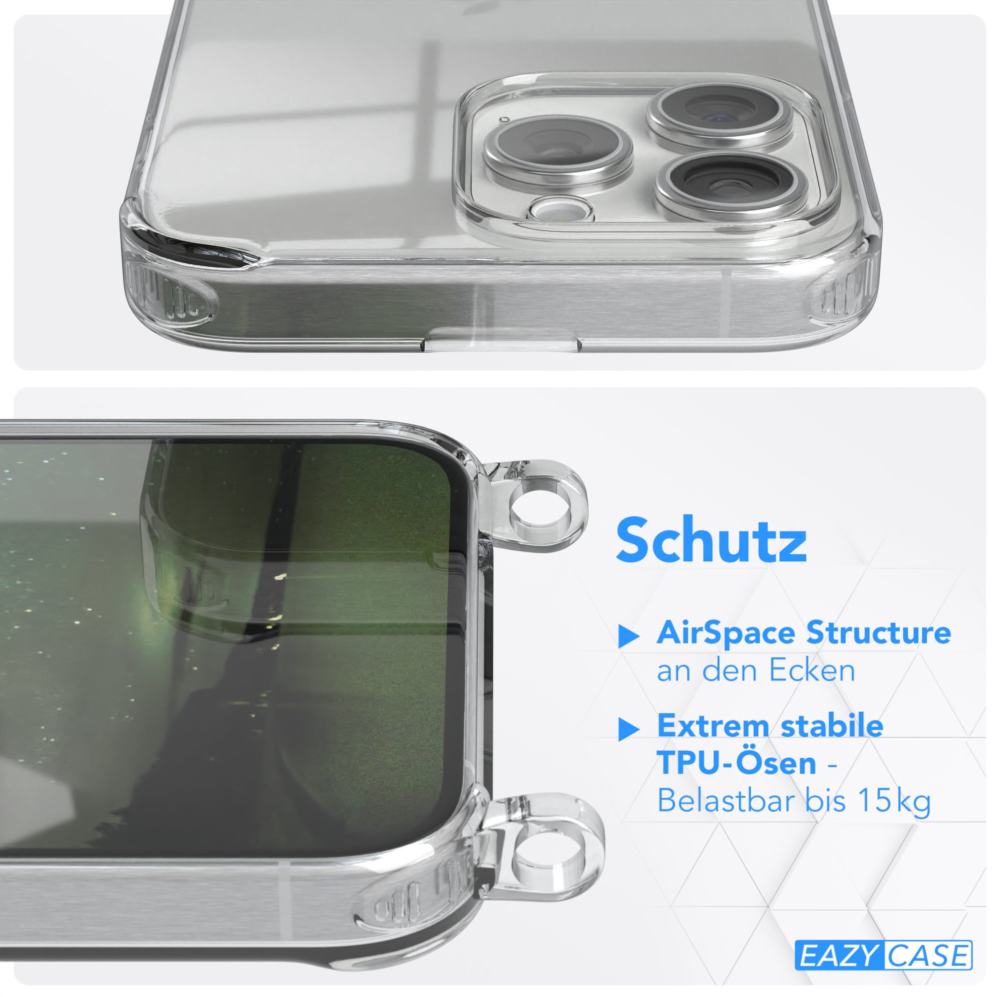 iPhone 15 Pro Max Hülle + Kordel mit Karabinern
