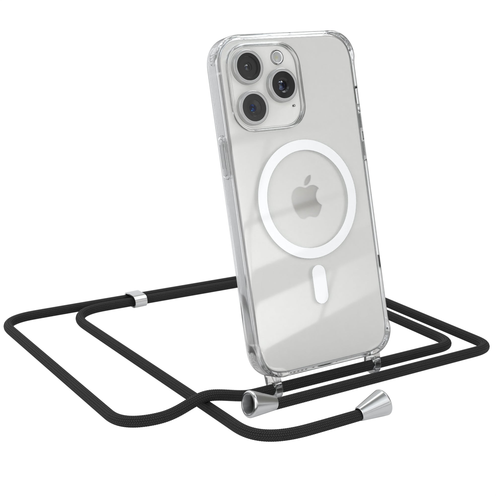 iPhone 15 Pro Max transparente Hülle + Kordel mit MagSafe Schwarz Clips Silber