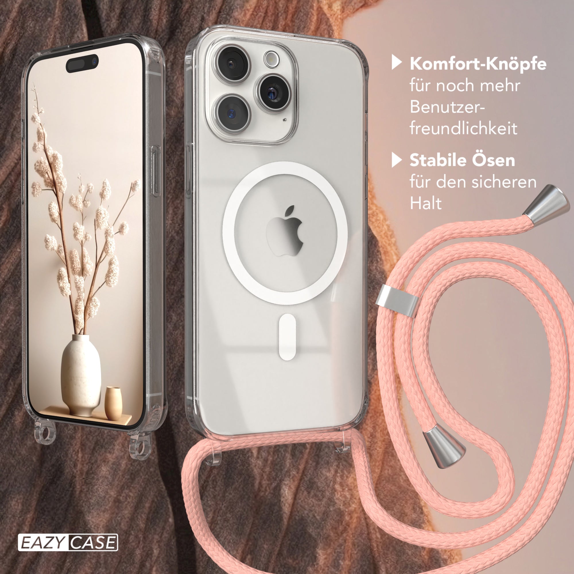 iPhone 15 Pro Max transparente Hülle + Kordel mit MagSafe Schwarz Clips Silber