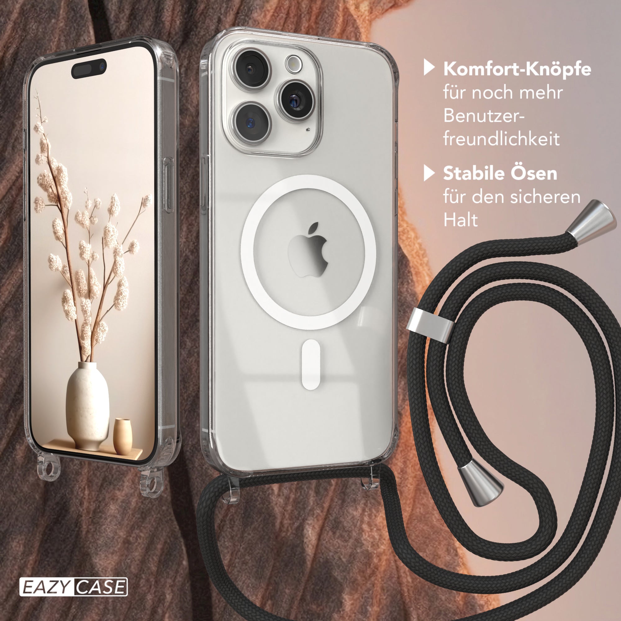 iPhone 15 Pro Max transparente Handykette mit Kordel und MagSafe Funktion