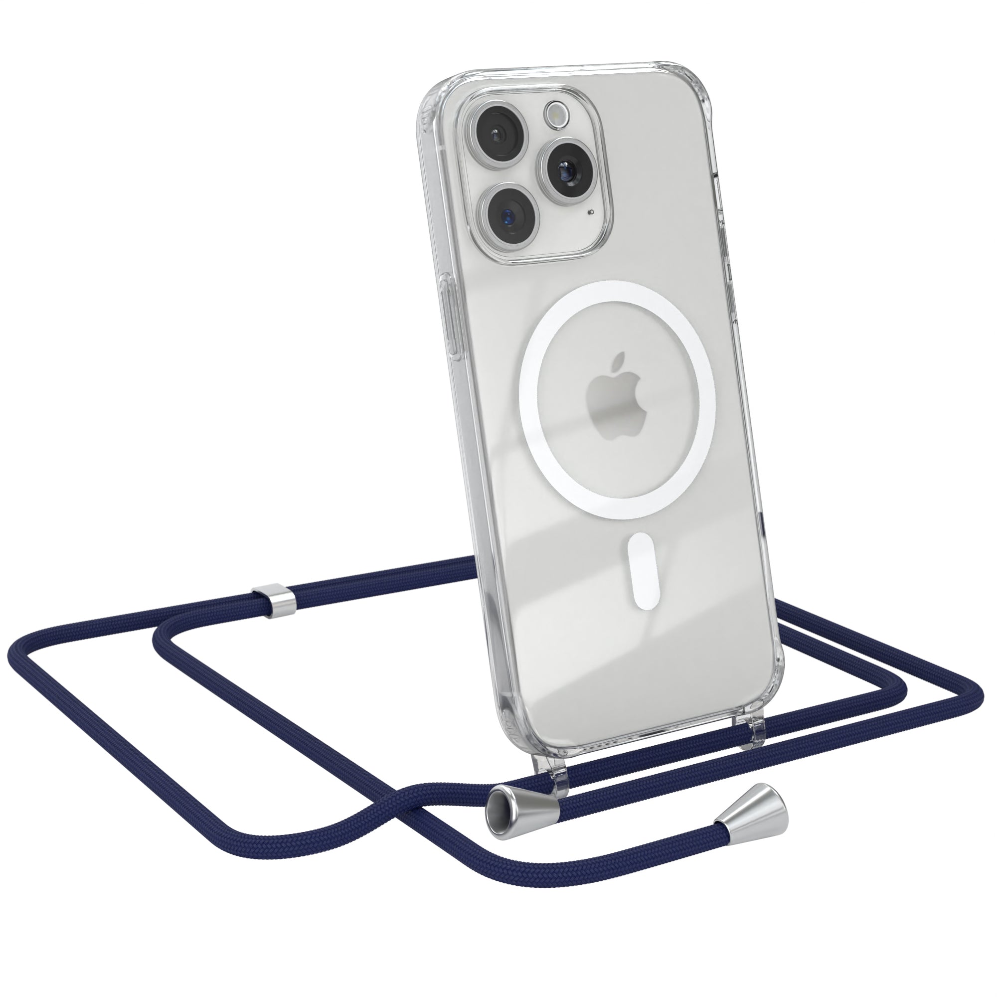 iPhone 15 Pro Max transparente Hülle + Kordel mit MagSafe Schwarz Clips Silber