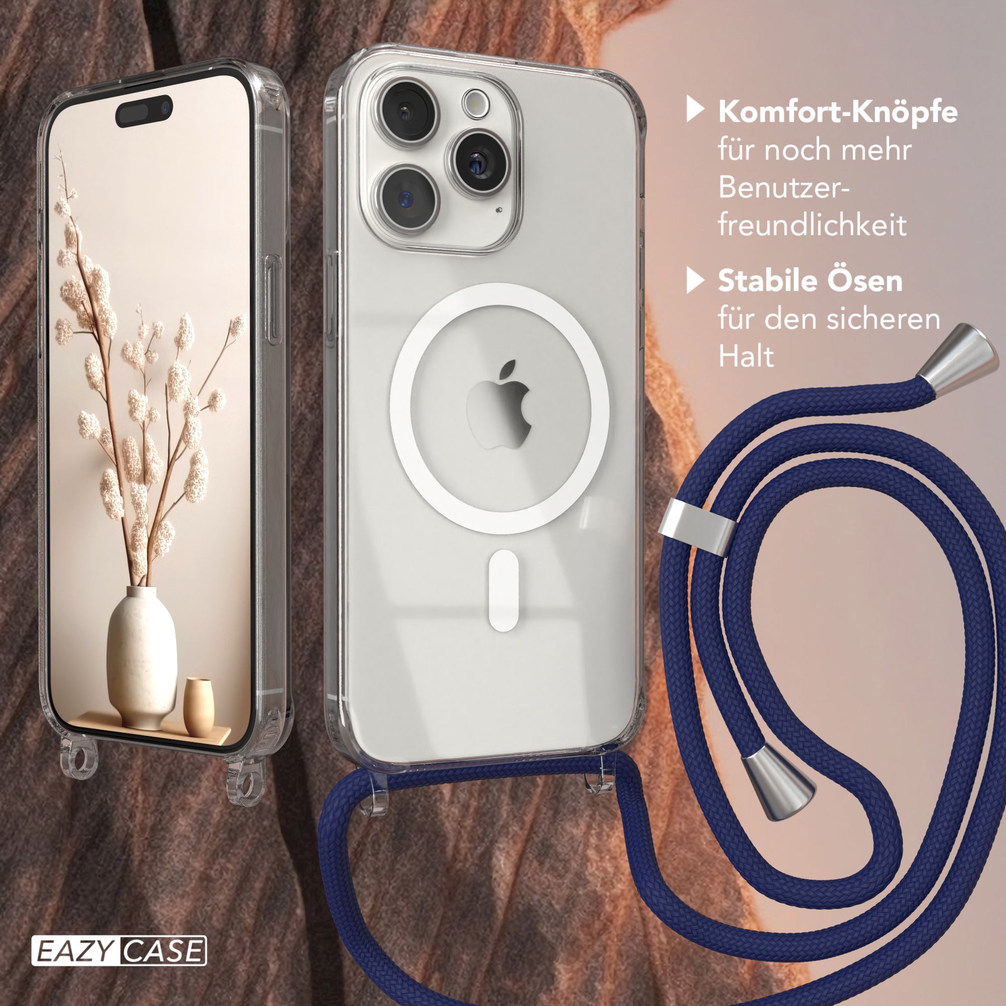 iPhone 15 Pro Max transparente Handykette mit Kordel und MagSafe Funktion