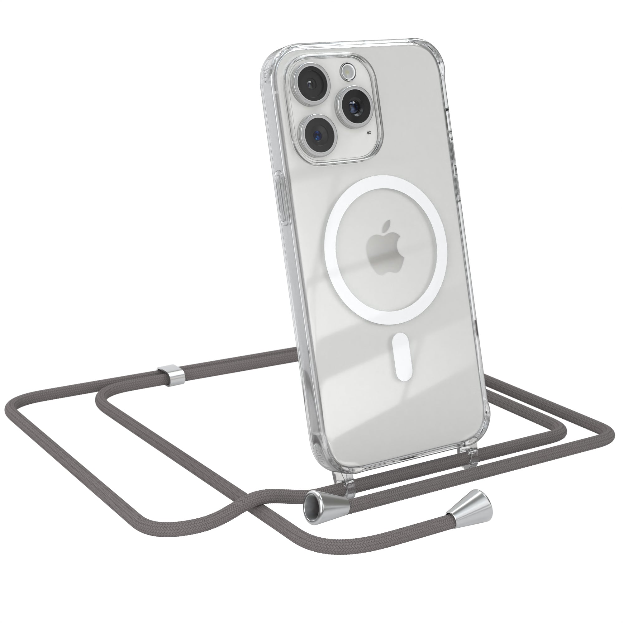 iPhone 15 Pro Max transparente Hülle + Kordel mit MagSafe Schwarz Clips Silber