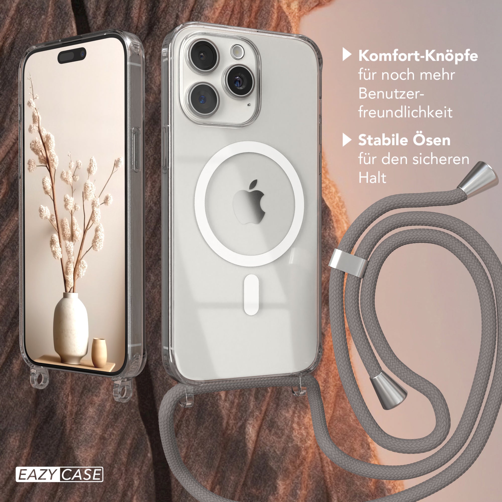 iPhone 15 Pro Max transparente Handykette mit Kordel und MagSafe Funktion