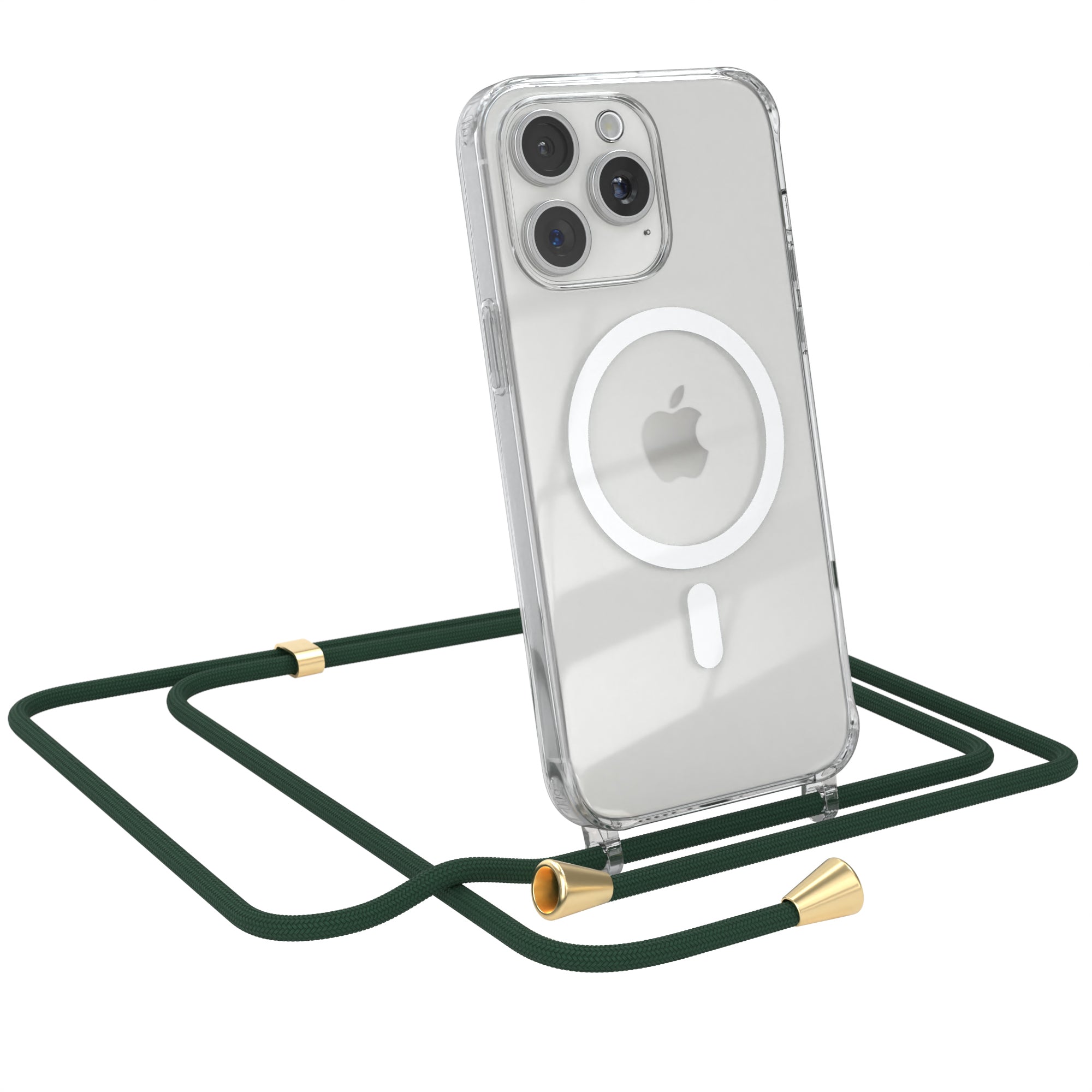 iPhone 15 Pro Max transparente Hülle + Kordel mit MagSafe Schwarz Clips Silber