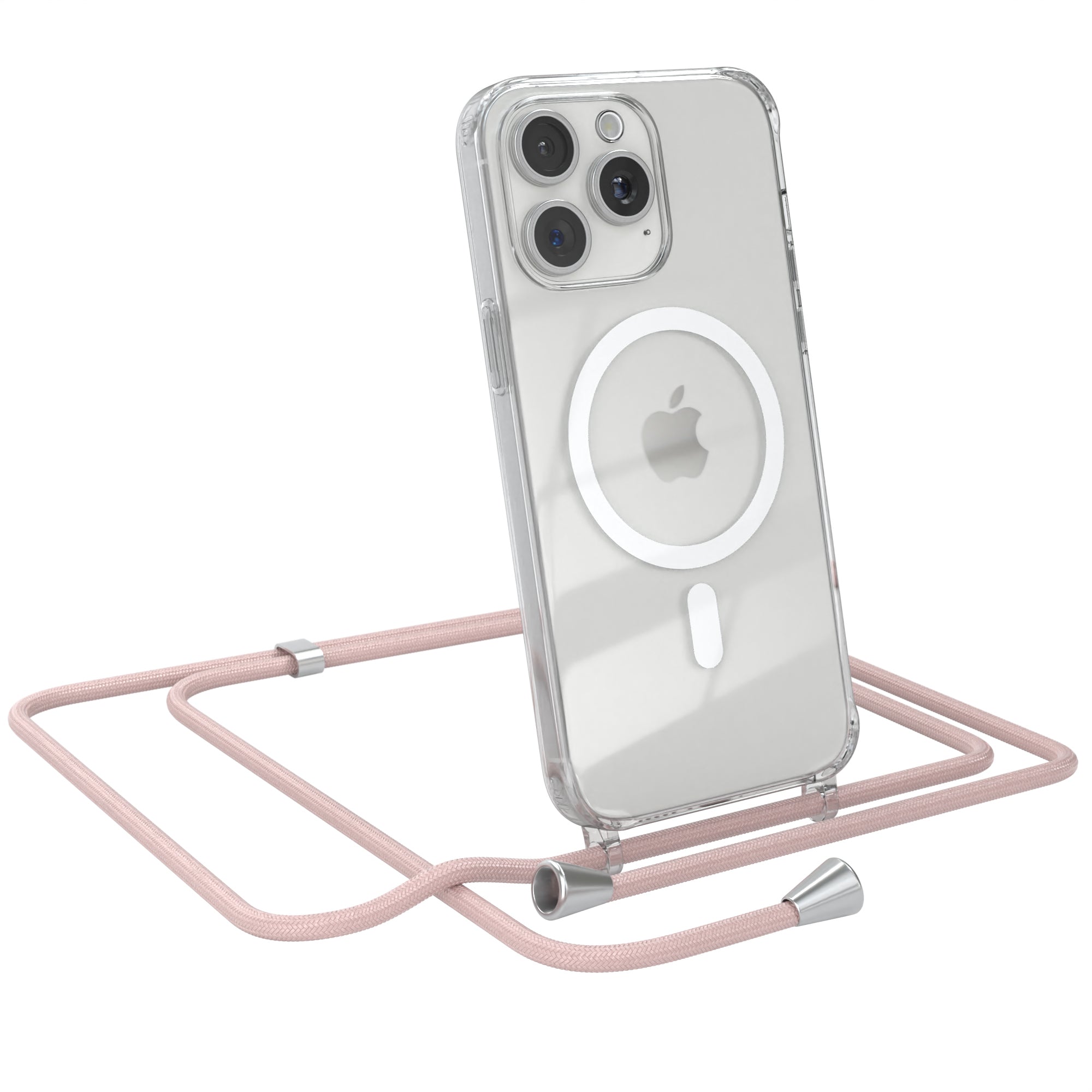iPhone 15 Pro Max transparente Hülle + Kordel mit MagSafe Schwarz Clips Silber