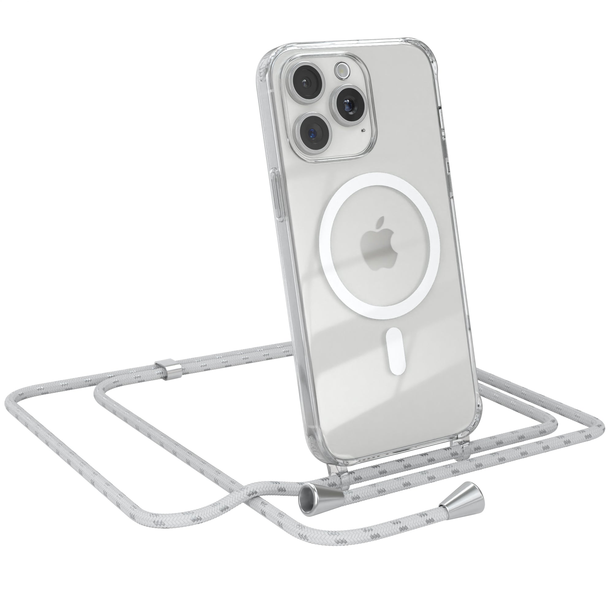 iPhone 15 Pro Max transparente Hülle + Kordel mit MagSafe Schwarz Clips Silber