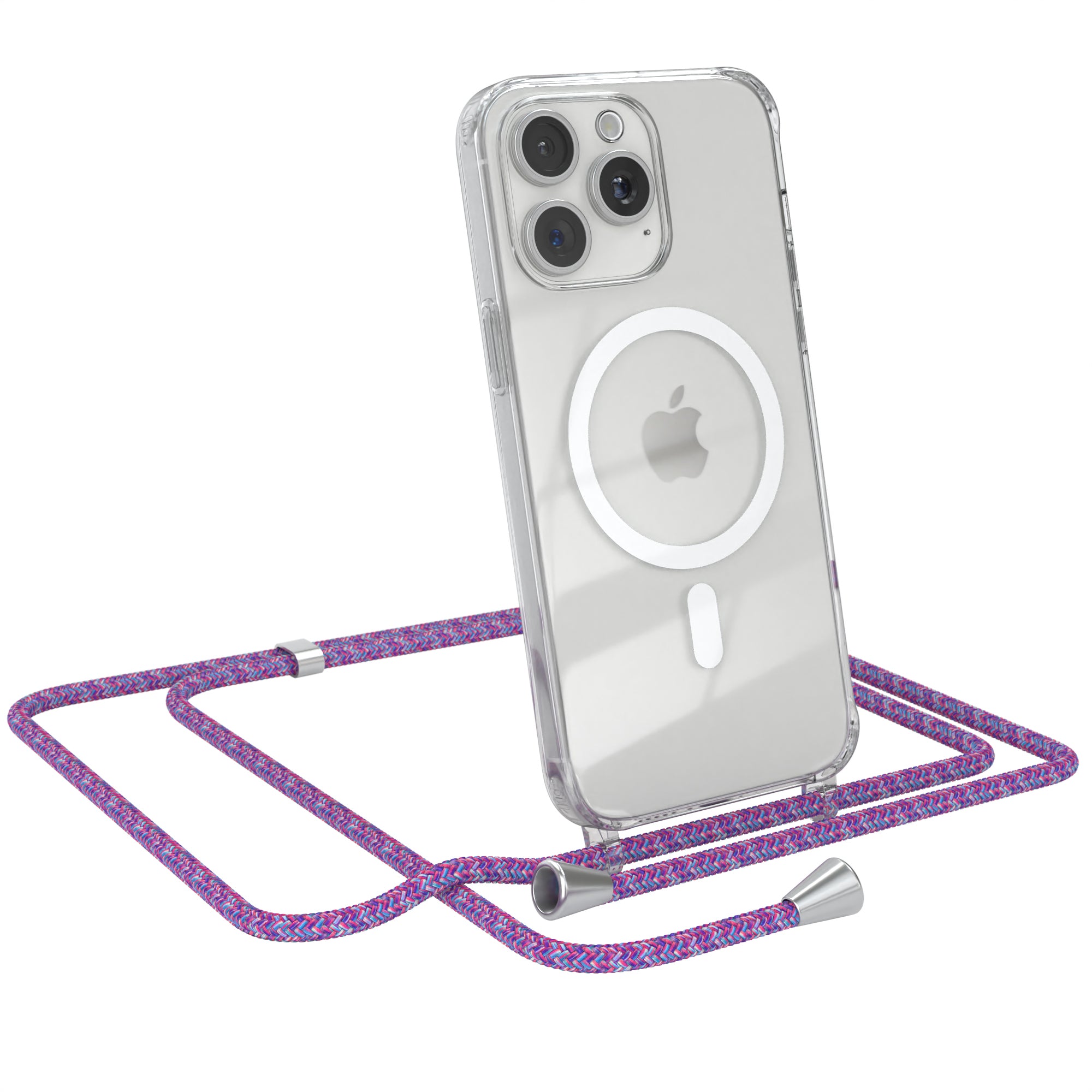 iPhone 15 Pro Max transparente Hülle + Kordel mit MagSafe Schwarz Clips Silber