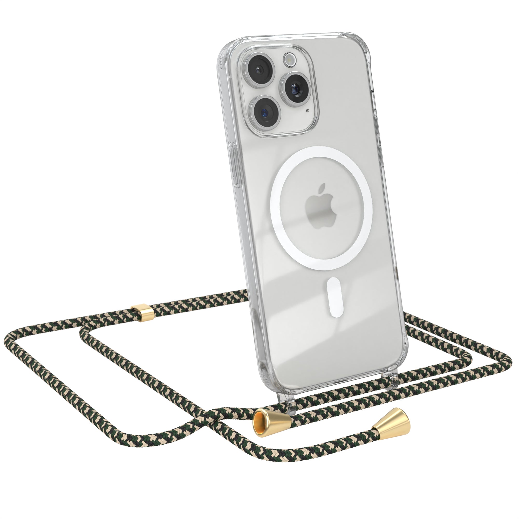 iPhone 15 Pro Max transparente Hülle + Kordel mit MagSafe Schwarz Clips Silber