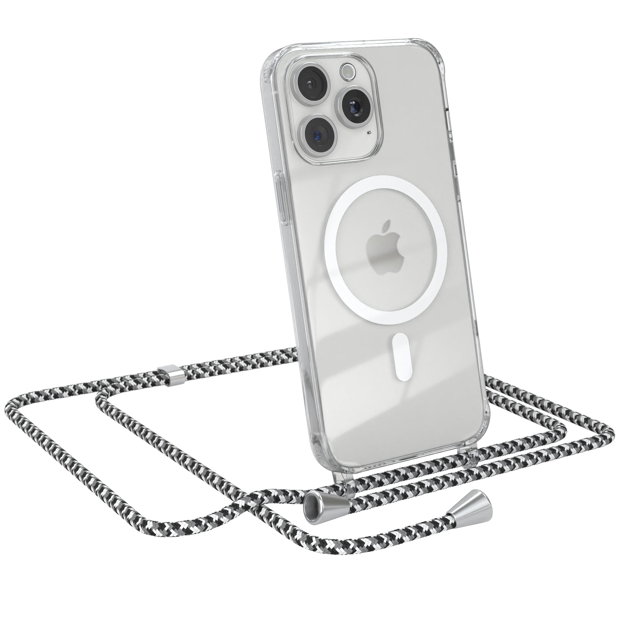 iPhone 15 Pro Max transparente Hülle + Kordel mit MagSafe Schwarz Clips Silber
