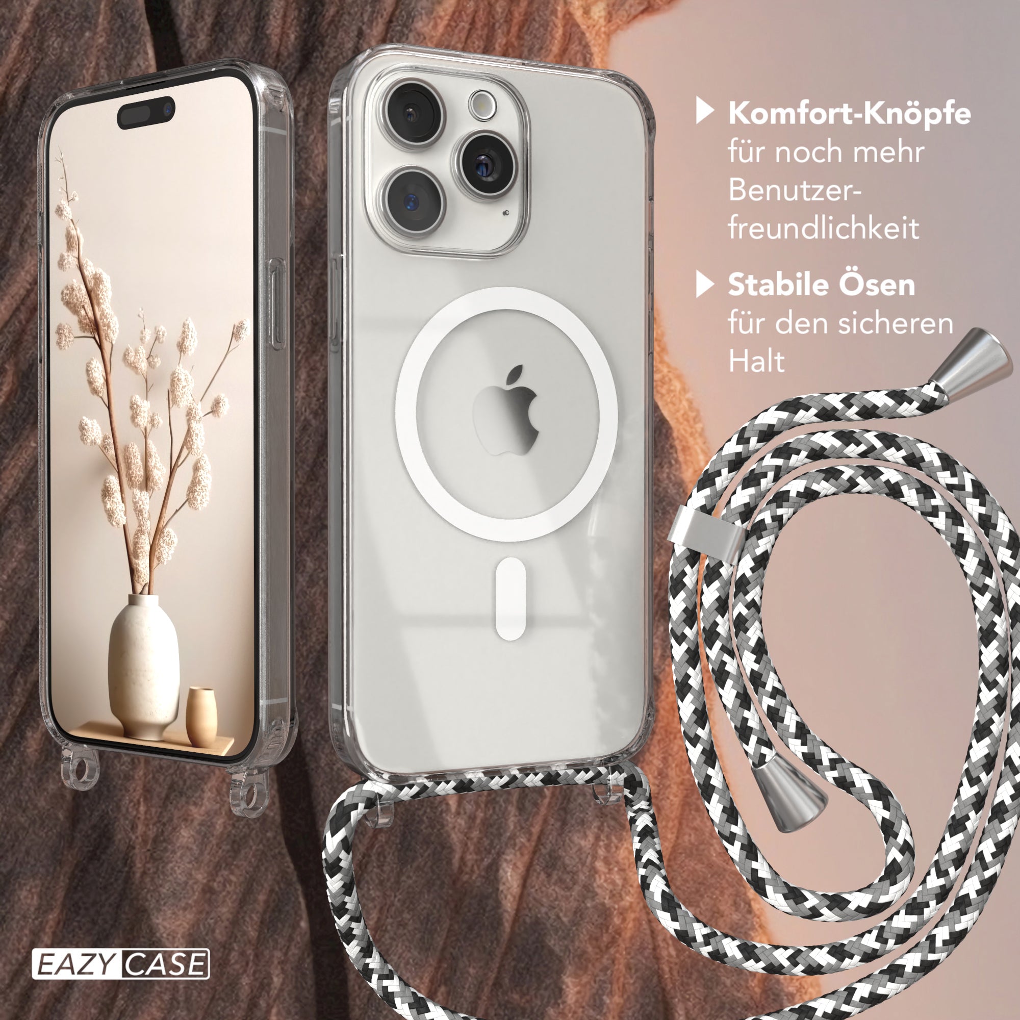 iPhone 15 Pro Max transparente Handykette mit Kordel und MagSafe Funktion