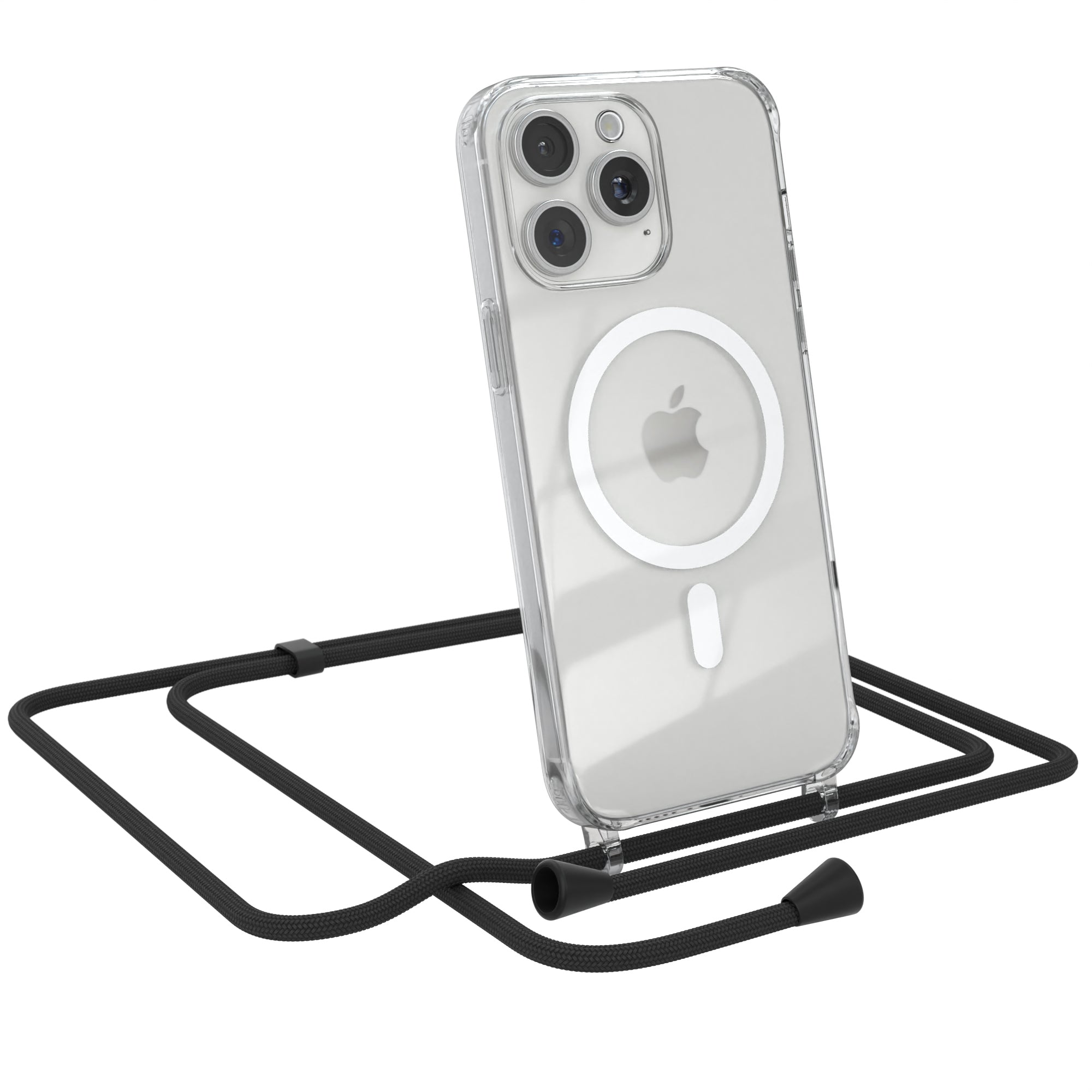 iPhone 15 Pro Max transparente Hülle + Kordel mit MagSafe Schwarz Clips Silber