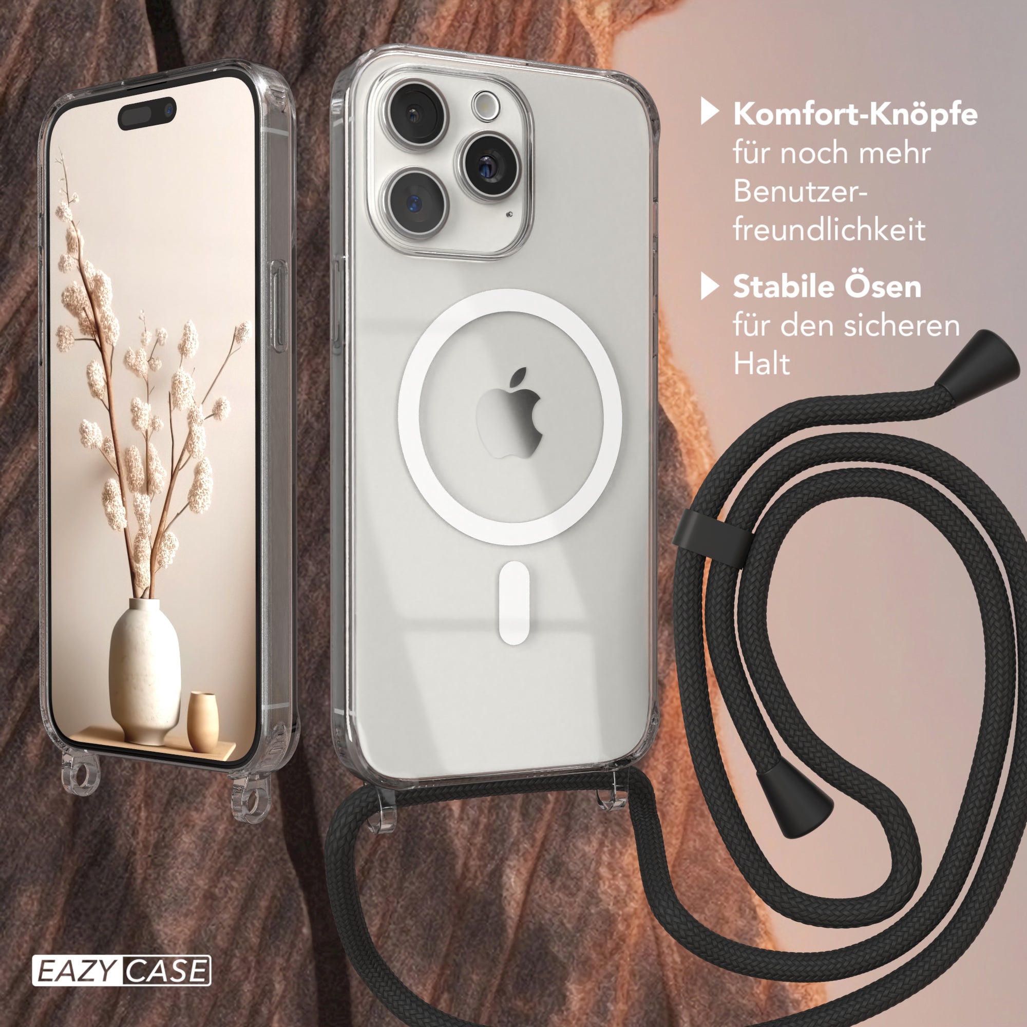 iPhone 15 Pro Max transparente Handykette mit Kordel und MagSafe Funktion