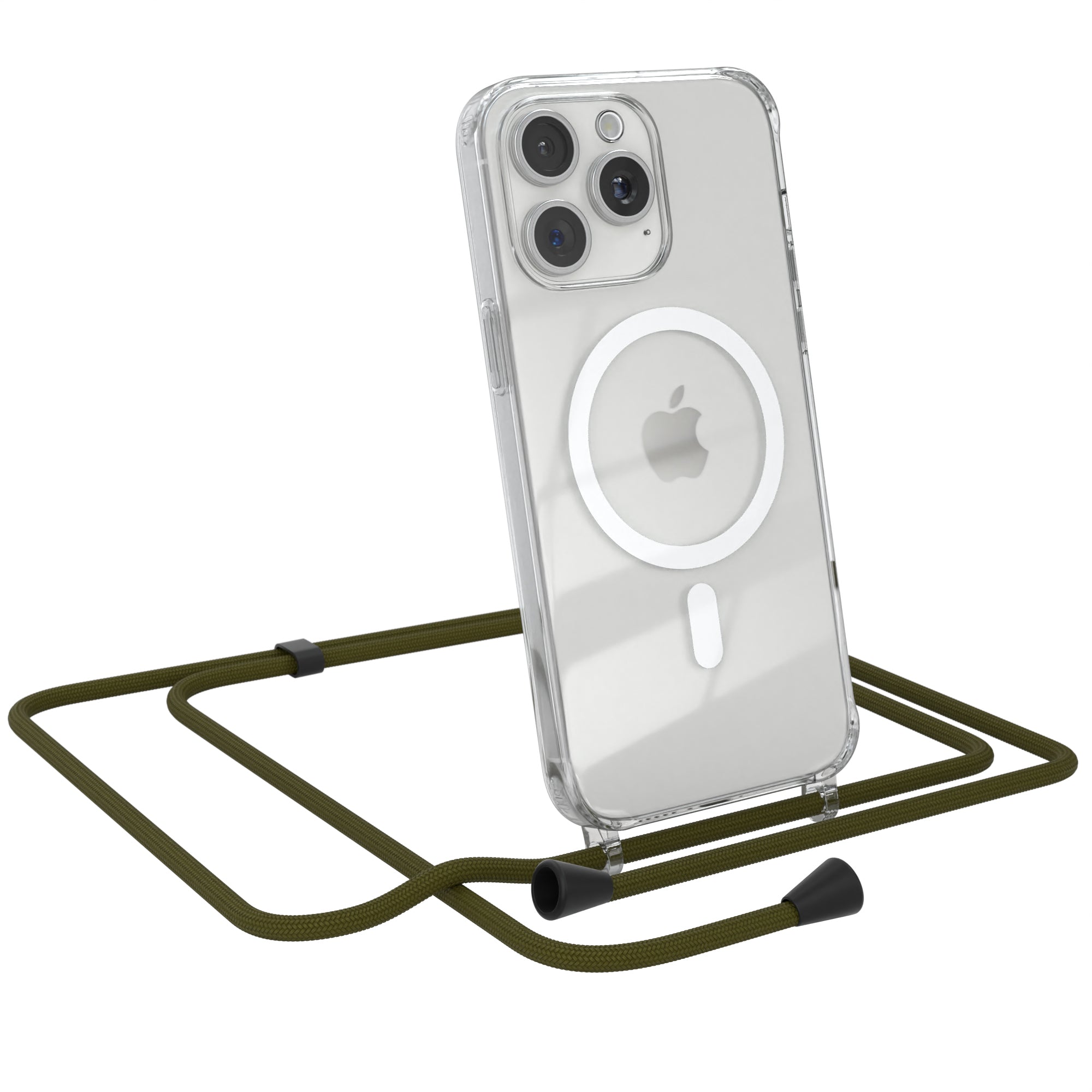 iPhone 15 Pro Max transparente Hülle + Kordel mit MagSafe Schwarz Clips Silber