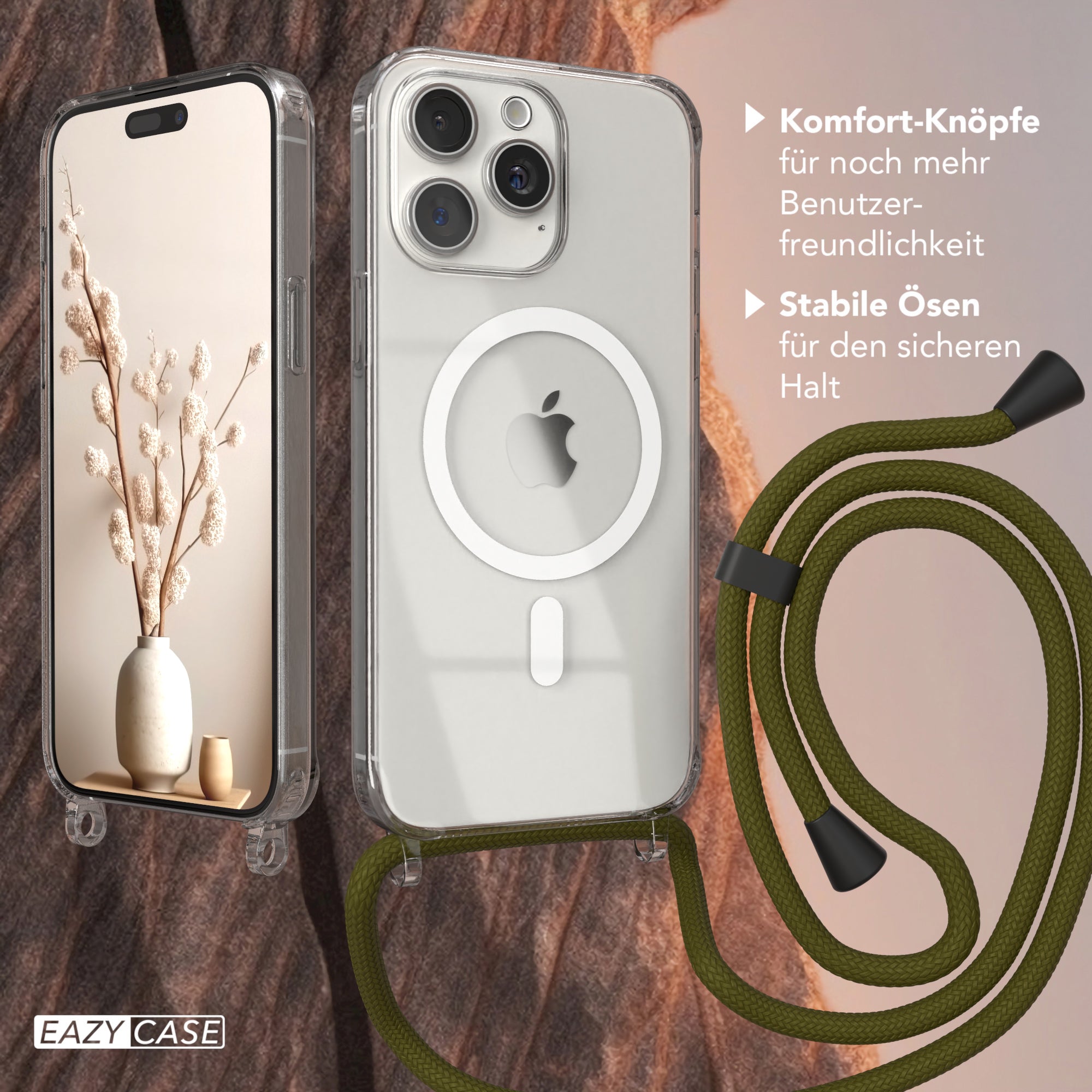 iPhone 15 Pro Max transparente Handykette mit Kordel und MagSafe Funktion