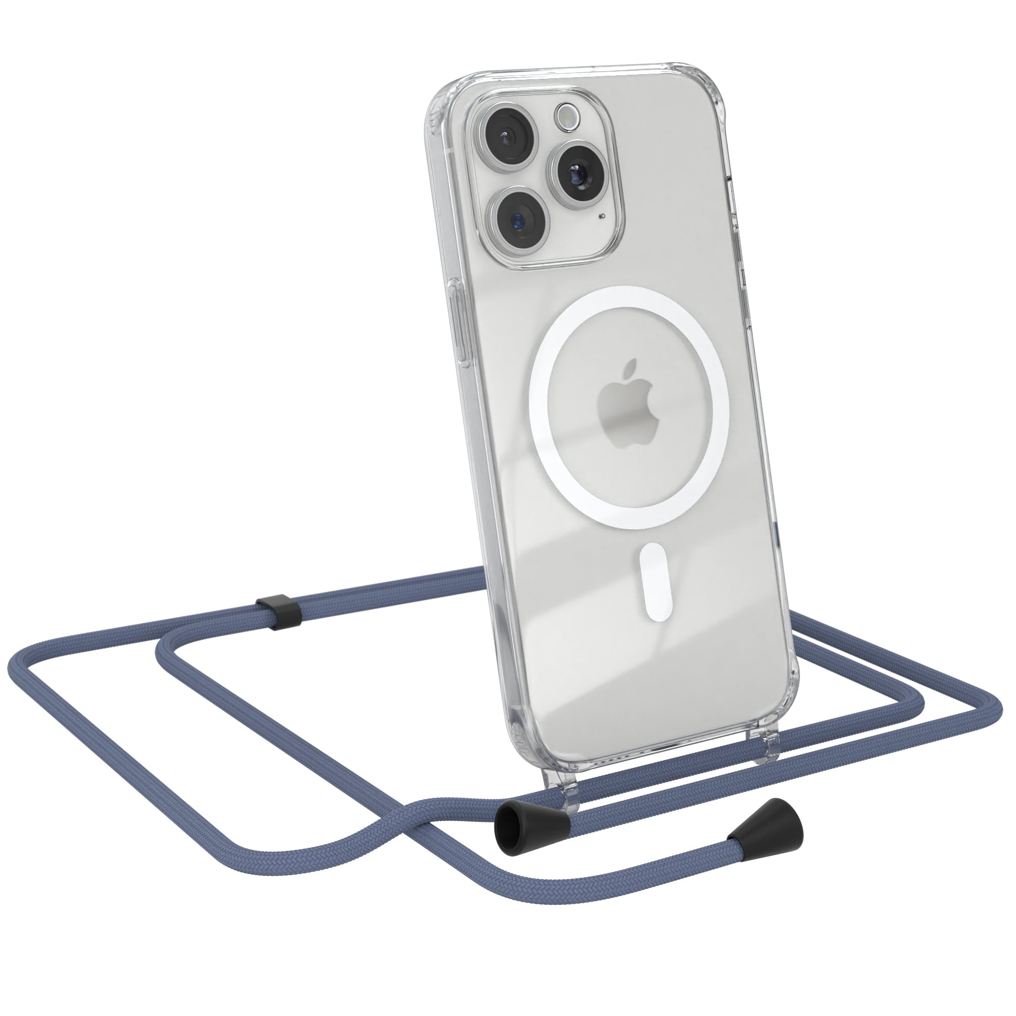 iPhone 15 Pro Max transparente Hülle + Kordel mit MagSafe Schwarz Clips Silber