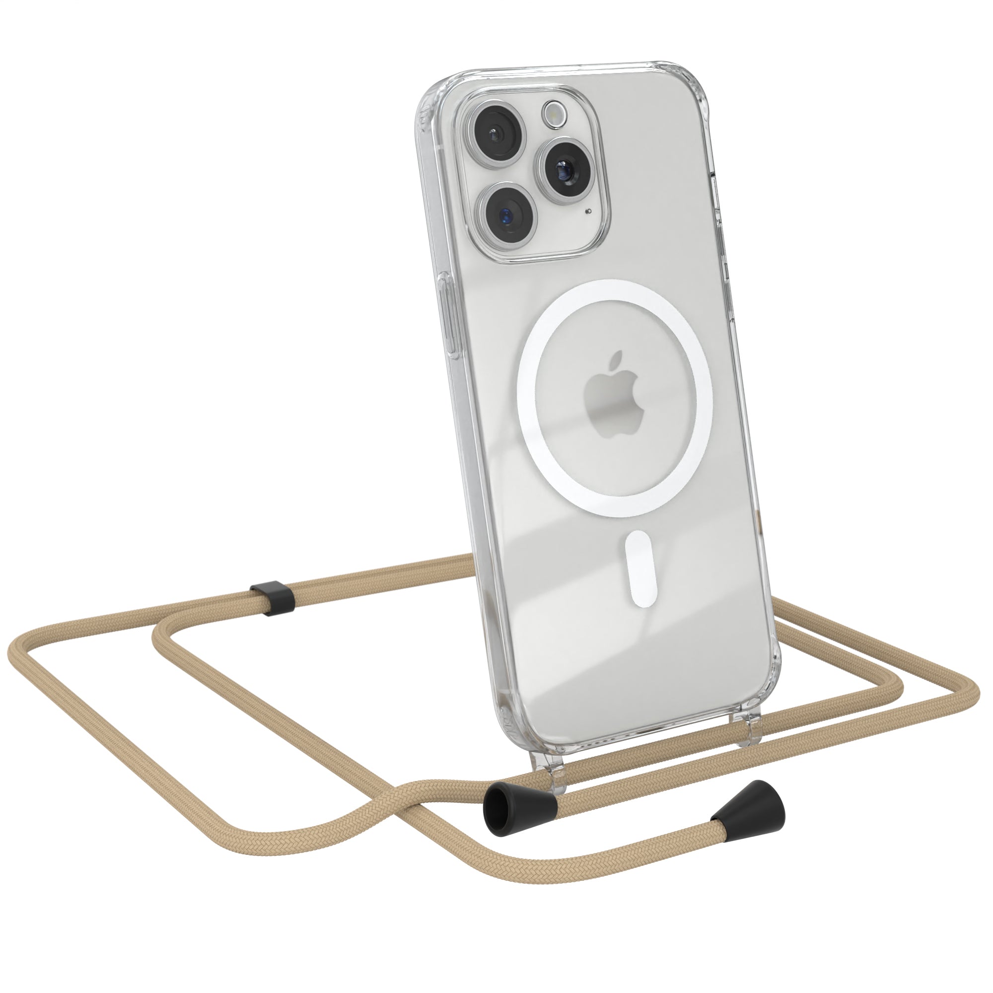 iPhone 15 Pro Max transparente Hülle + Kordel mit MagSafe Schwarz Clips Silber
