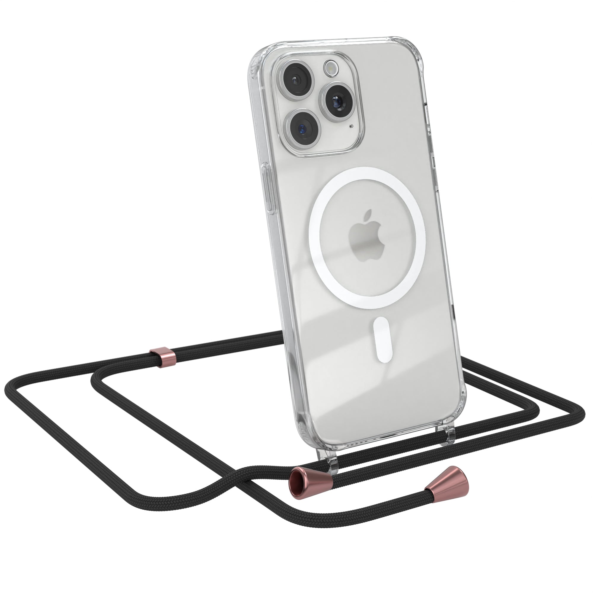 iPhone 15 Pro Max transparente Hülle + Kordel mit MagSafe Schwarz Clips Silber