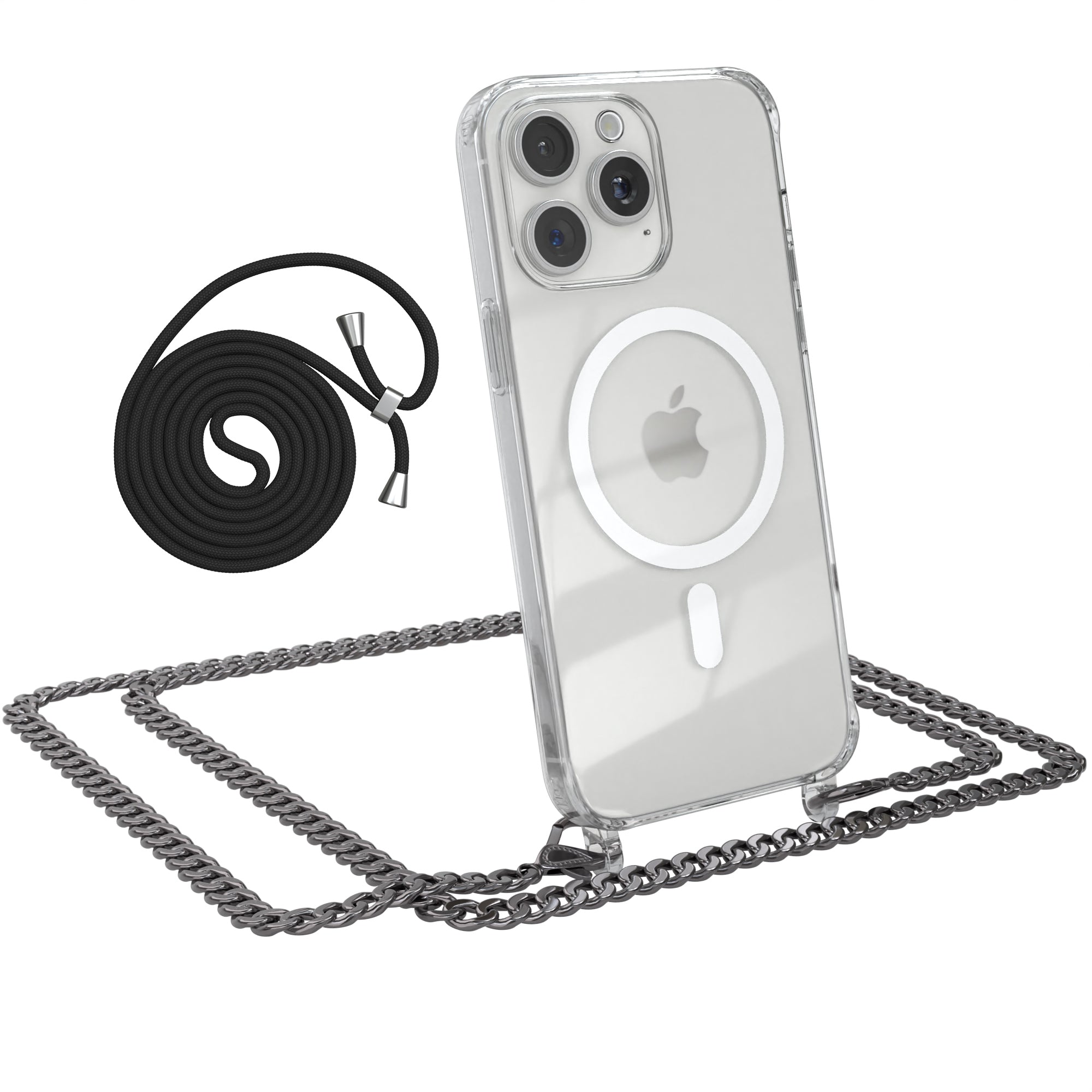 iPhone 15 Pro Max Hülle mit Metallkette + Schwarze Kordel mit MagSafe