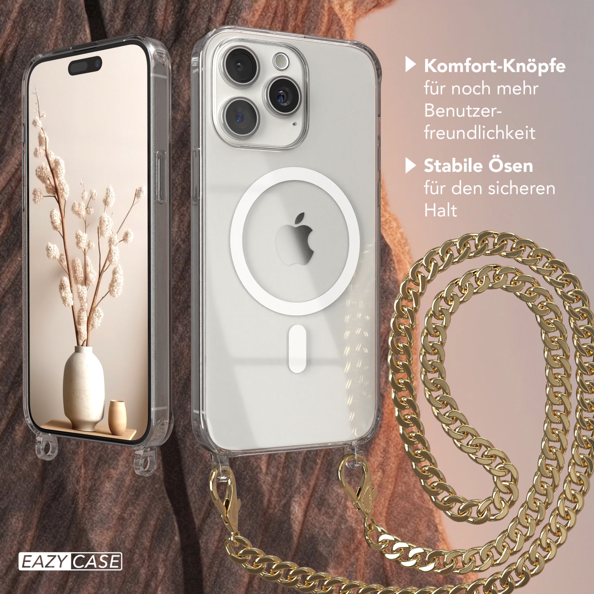 iPhone 15 Pro Max Hülle mit Metallkette + Schwarze Kordel mit MagSafe