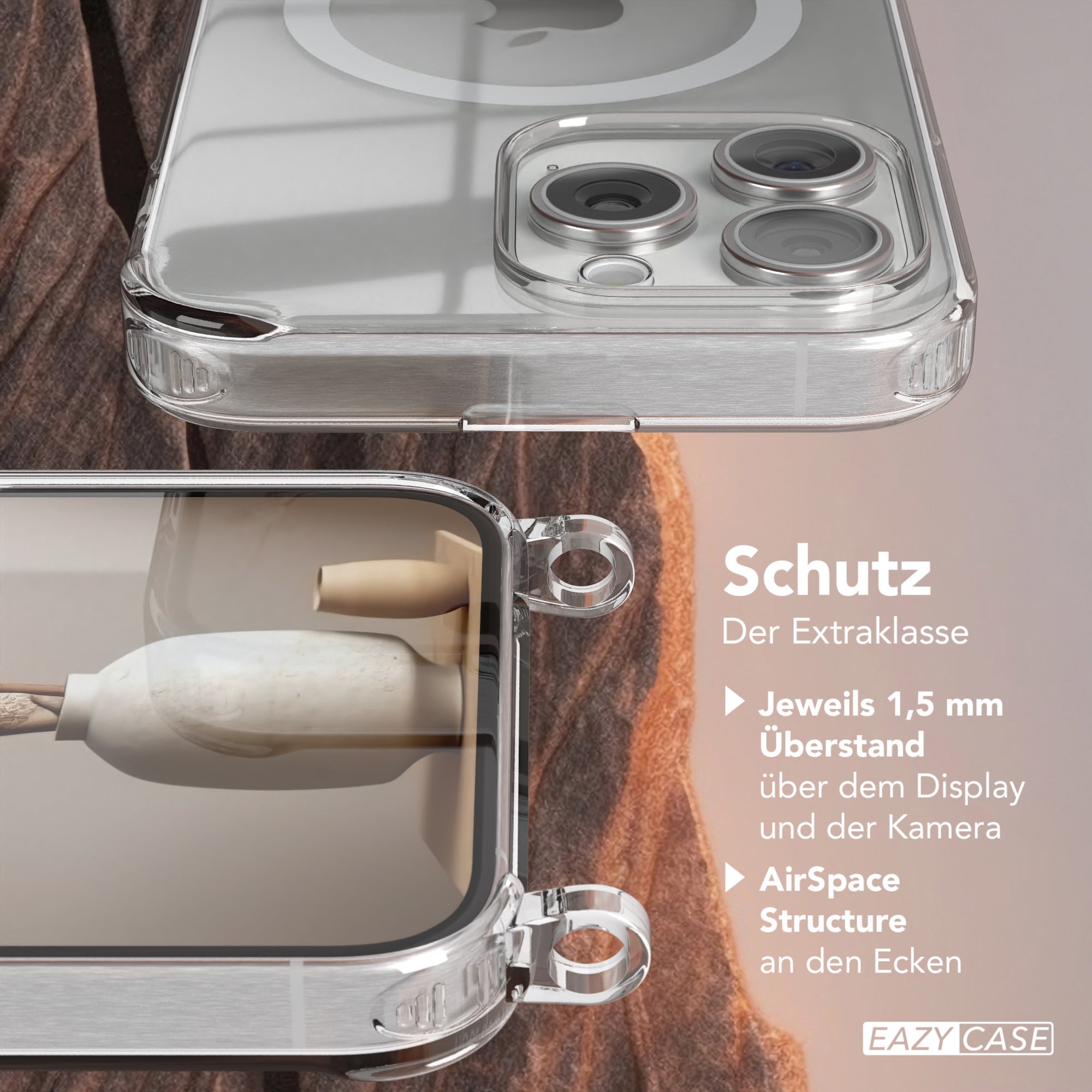 iPhone 15 Pro Max Hülle mit Metallkette + Schwarze Kordel mit MagSafe