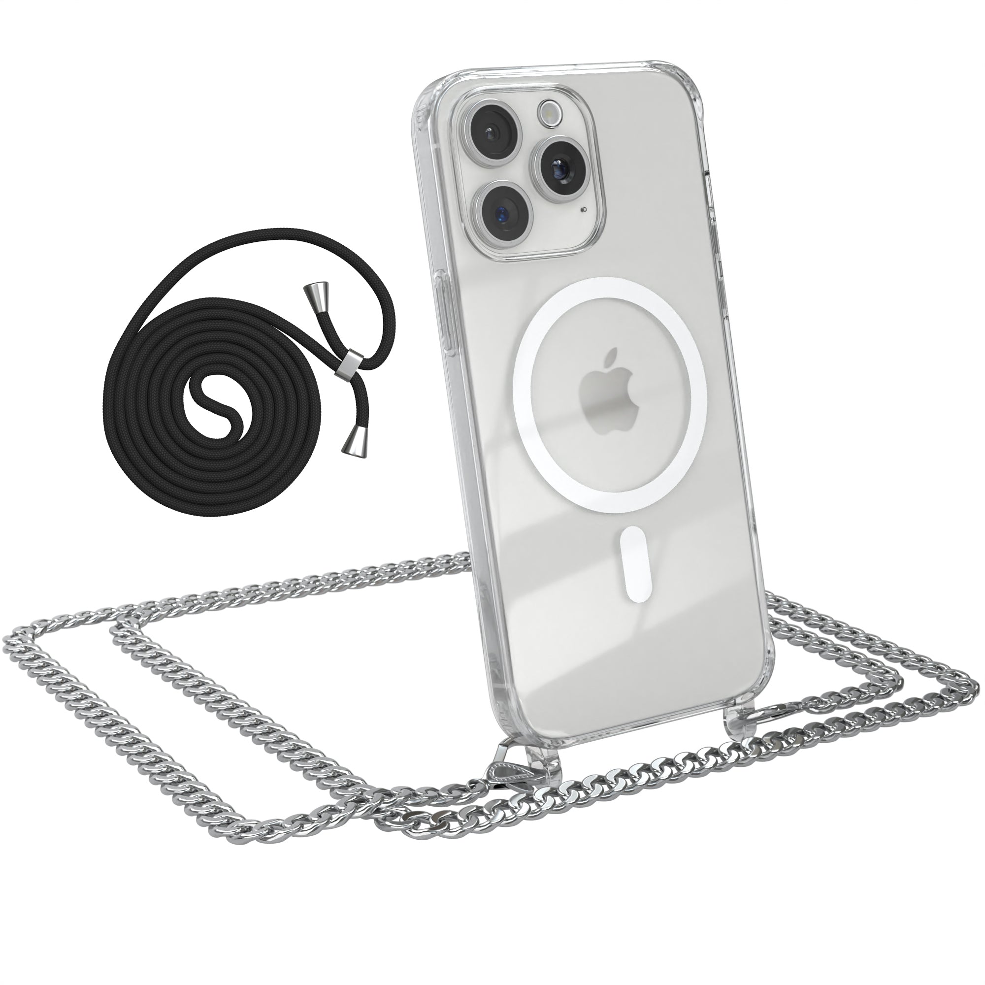 iPhone 15 Pro Max Hülle mit Metallkette + Schwarze Kordel mit MagSafe