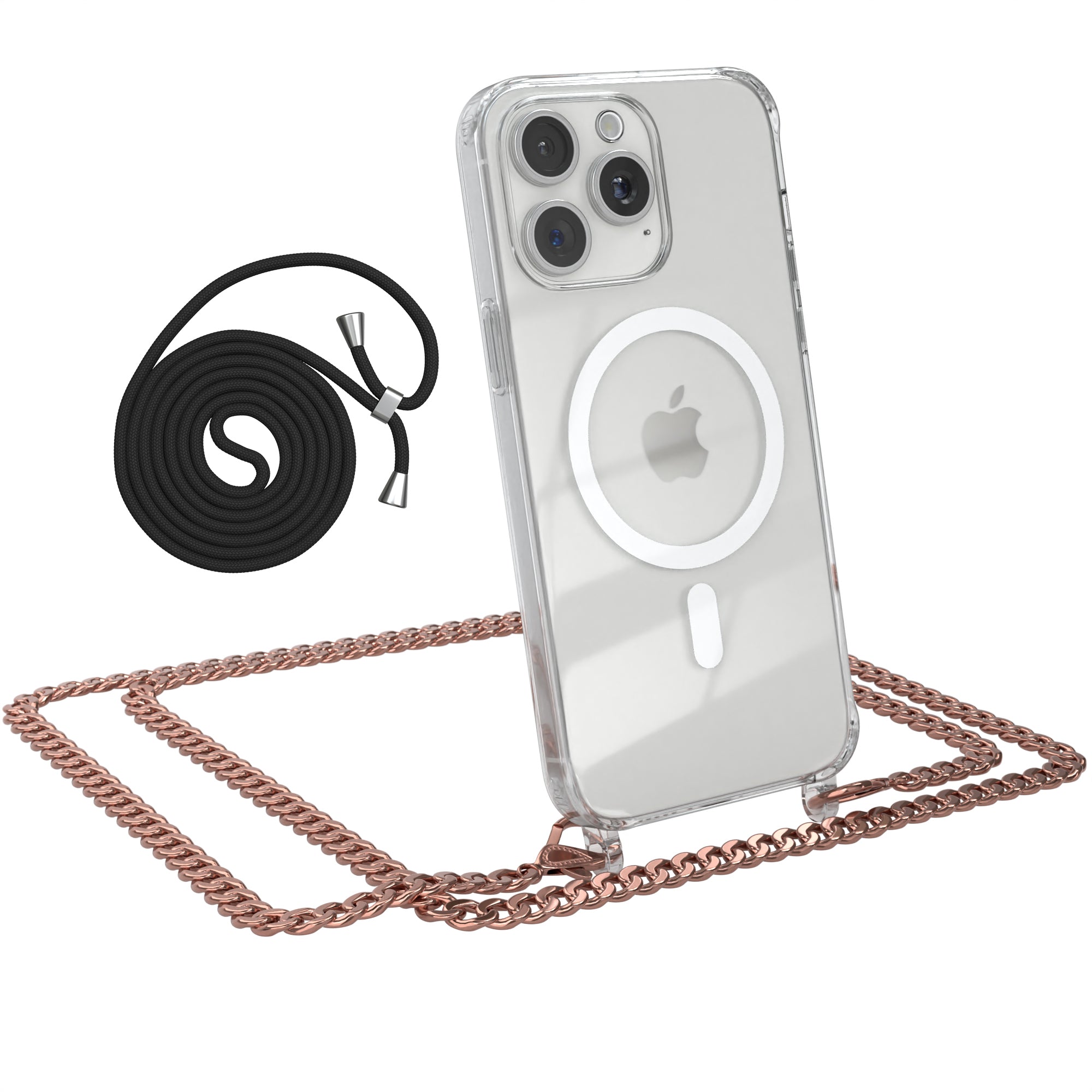 iPhone 15 Pro Max Hülle mit Metallkette + Schwarze Kordel mit MagSafe