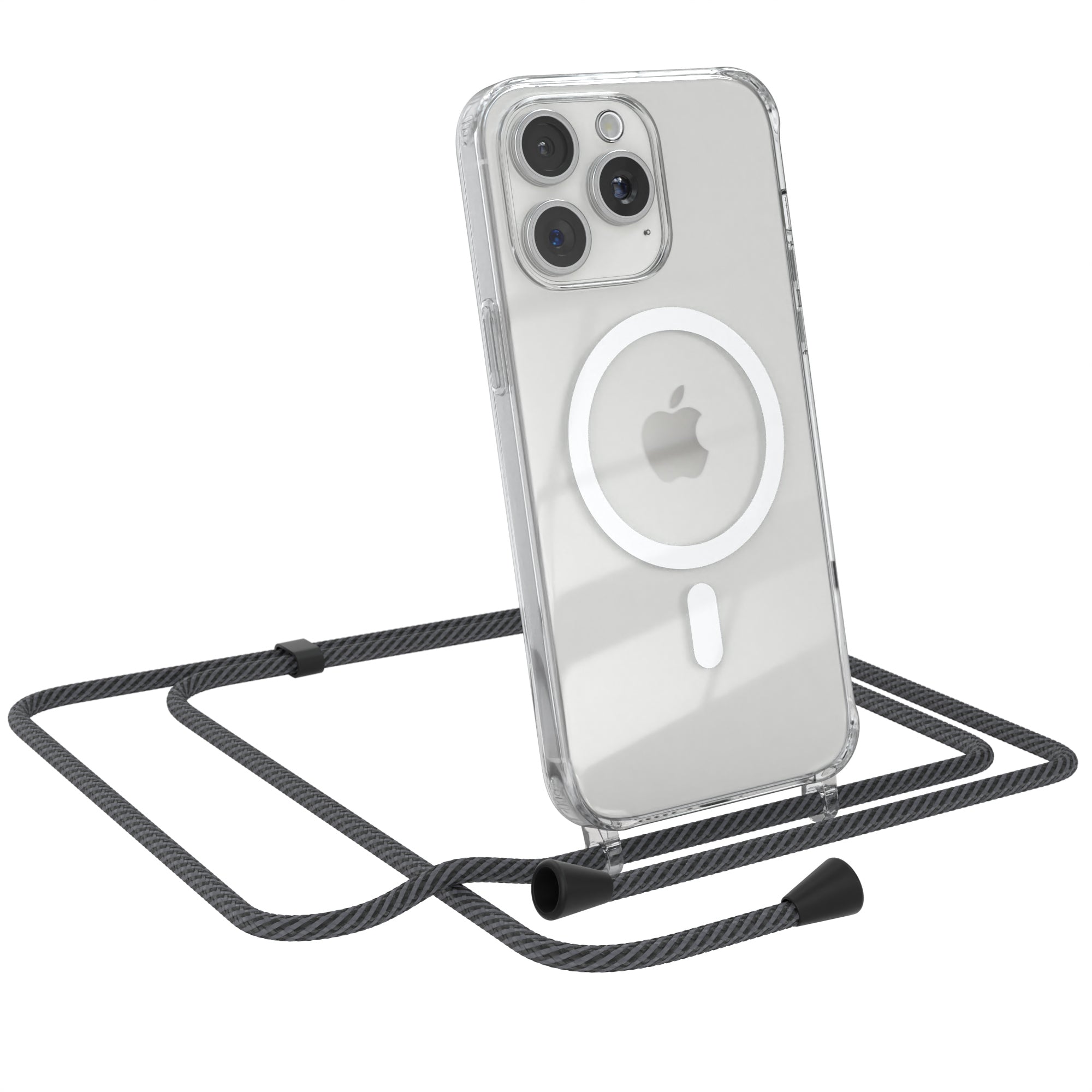 iPhone 15 Pro Max transparente Hülle + Kordel mit MagSafe Schwarz Clips Silber