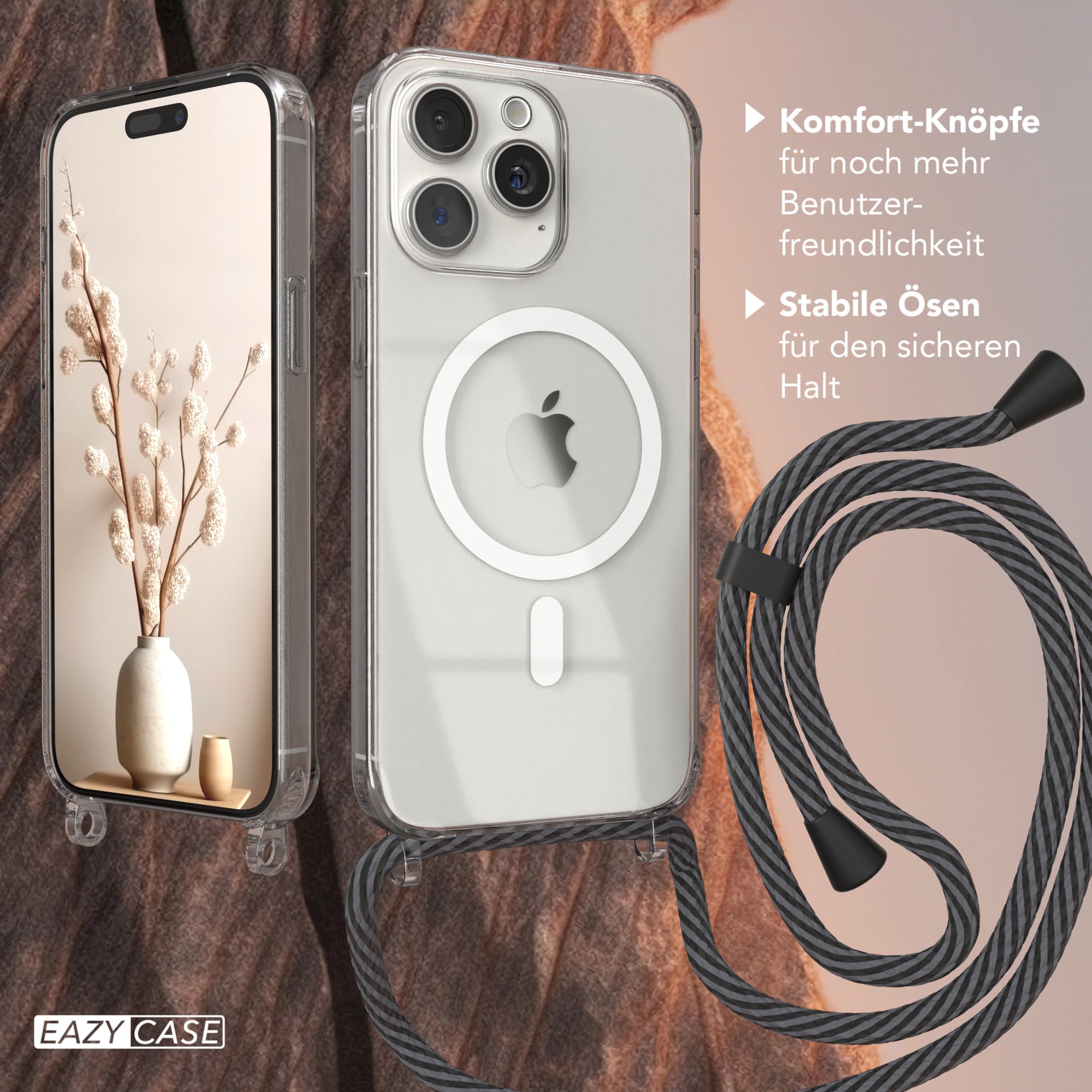 iPhone 15 Pro Max transparente Handykette mit Kordel und MagSafe Funktion