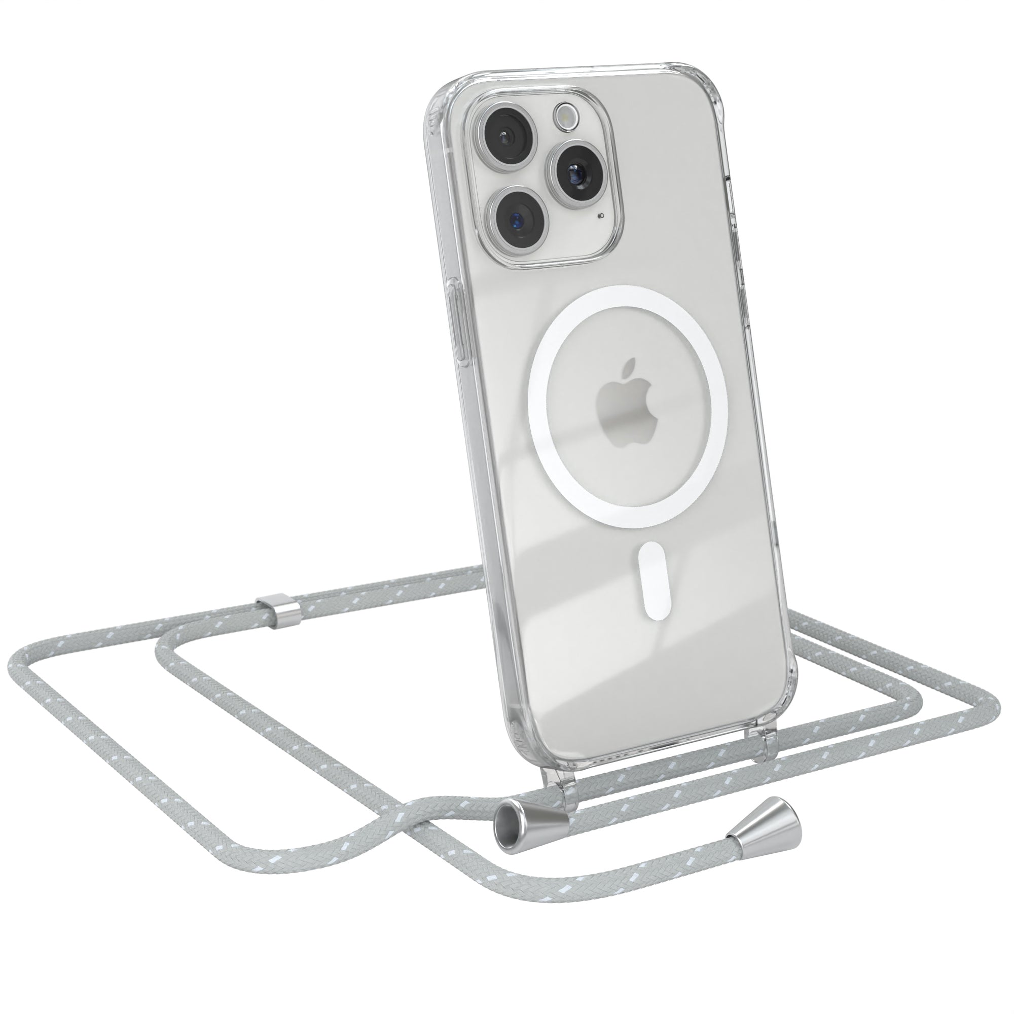 iPhone 15 Pro Max transparente Hülle + Kordel mit MagSafe Schwarz Clips Silber