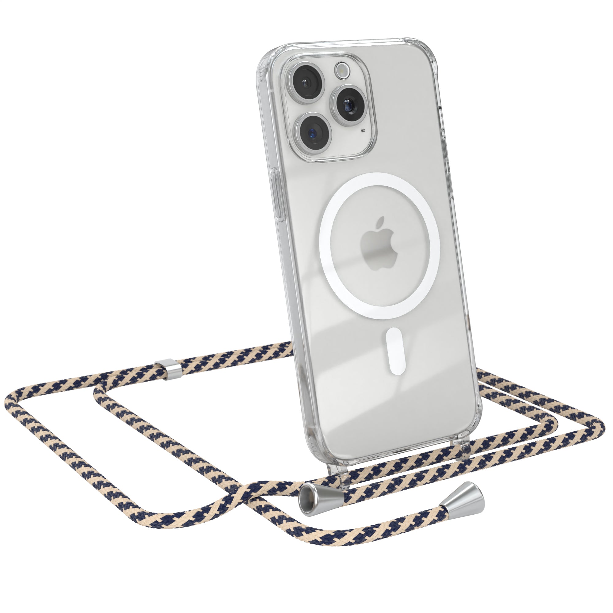 iPhone 15 Pro Max transparente Hülle + Kordel mit MagSafe Schwarz Clips Silber