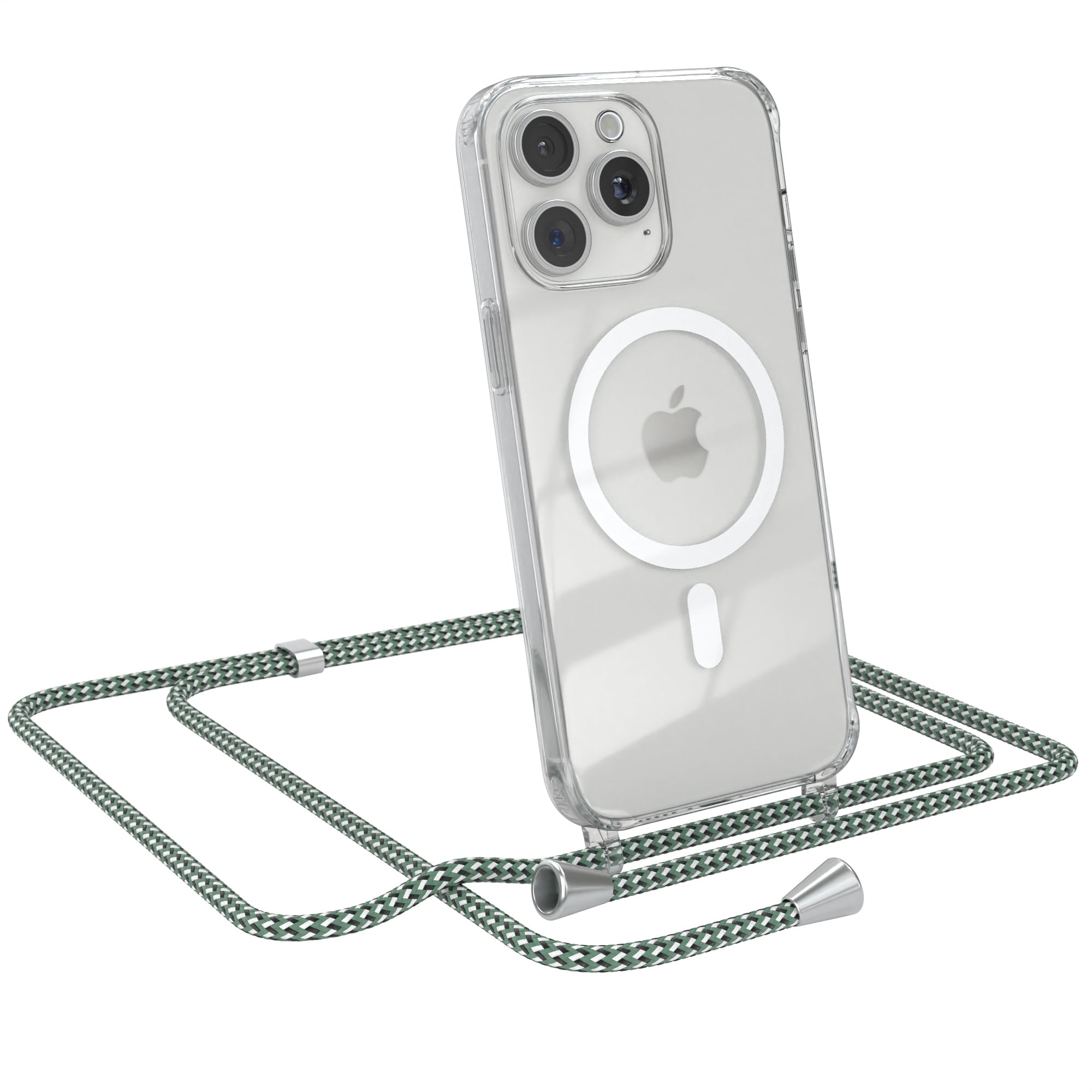 iPhone 15 Pro Max transparente Hülle + Kordel mit MagSafe Schwarz Clips Silber