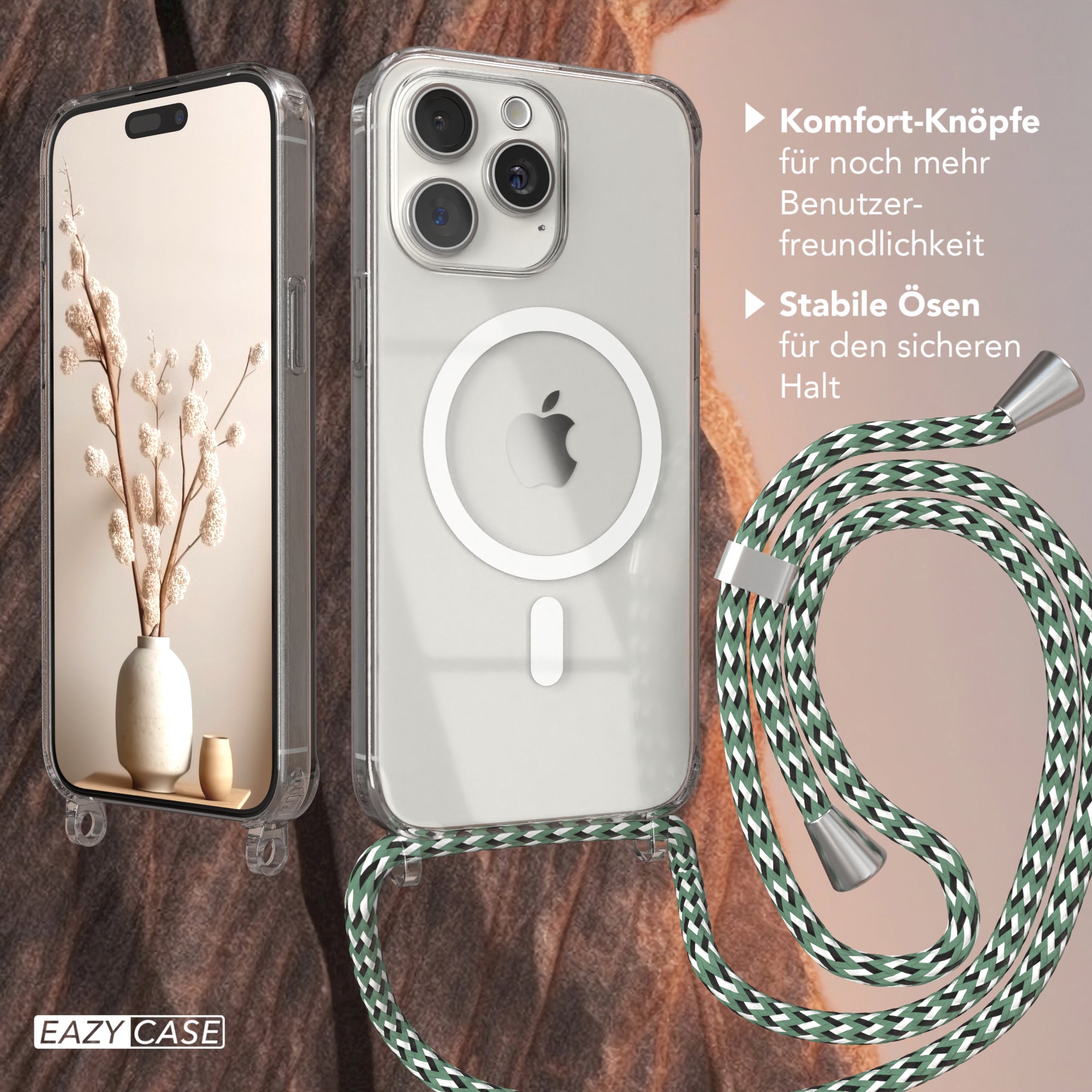 iPhone 15 Pro Max transparente Handykette mit Kordel und MagSafe Funktion