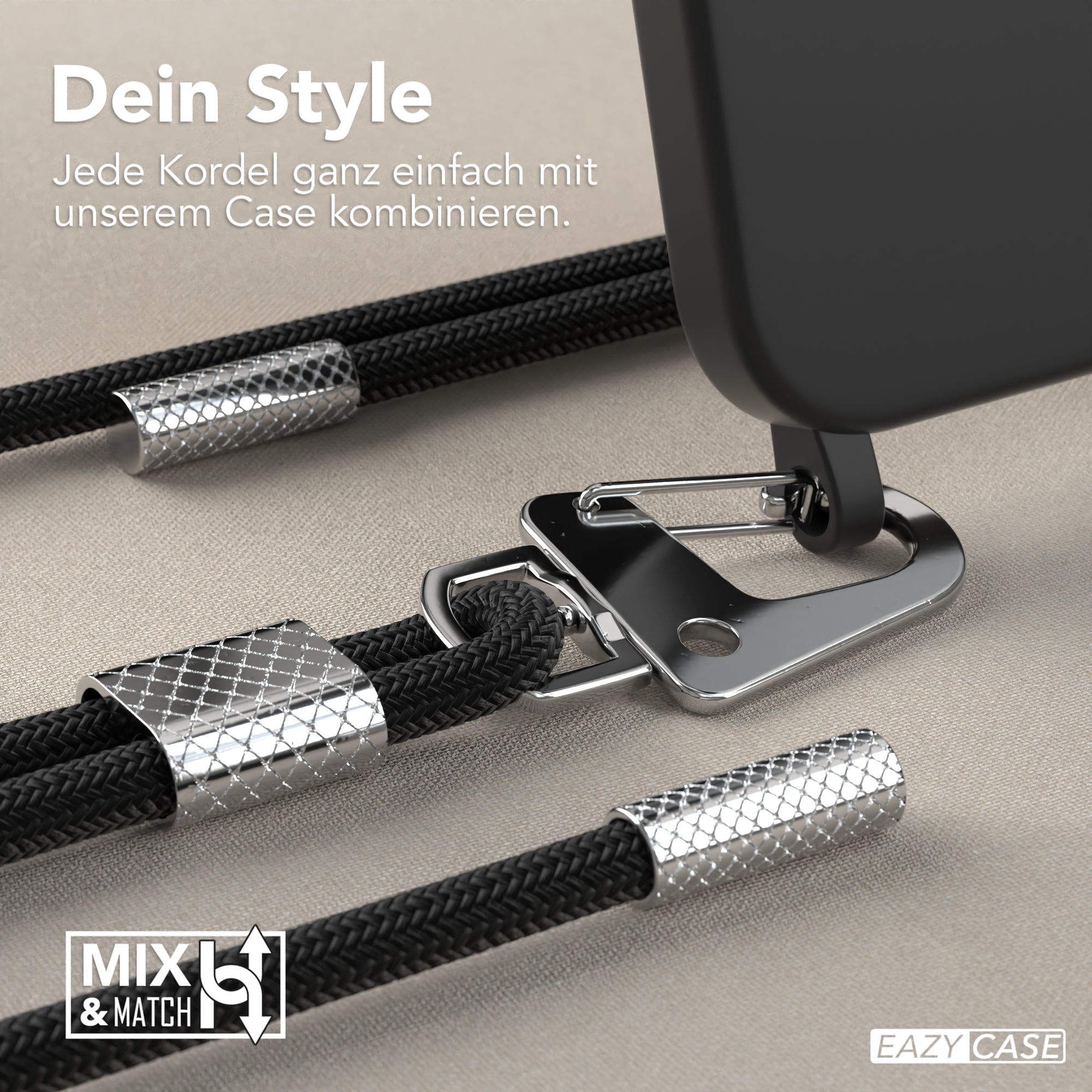 iPhone 15 Silikonhülle + Kordel mit Karabinern